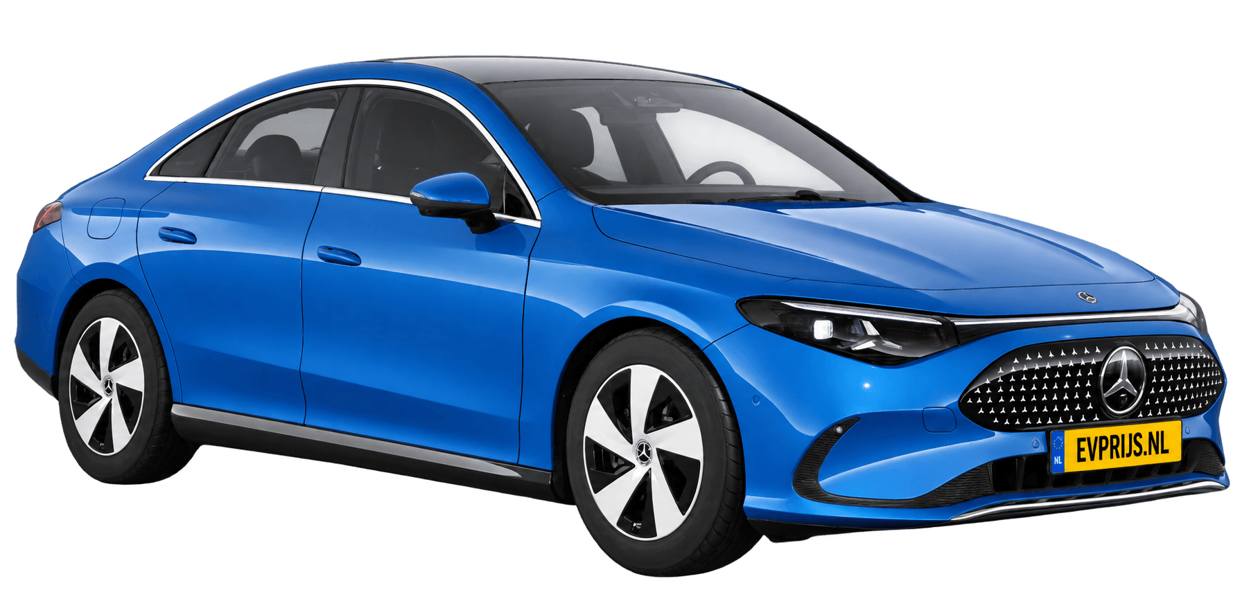 AI-bewerking (Imagegen) van officieel Mercedes-Benz-configuratorbeeld: CLA voor-/zijaanzicht in Helderblauw (configuratie CLA 200 Business Solution electric); uitvoering en velgen kunnen afwijken; kleurverzadiging kan afwijken, beeld 6