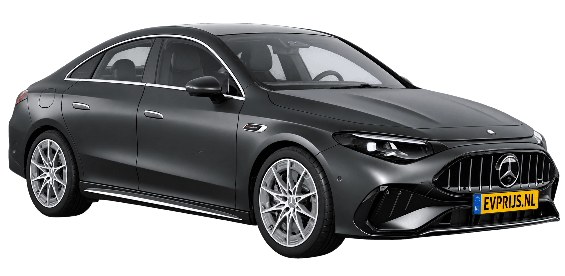 AI-bewerking (Imagegen) van officieel Mercedes-Benz-configuratorbeeld: CLA voor-/zijaanzicht in Grafietgrijs magno (configuratie Mercedes-AMG CLA 45 4MATIC+ electric); uitvoering en velgen kunnen afwijken, beeld 7