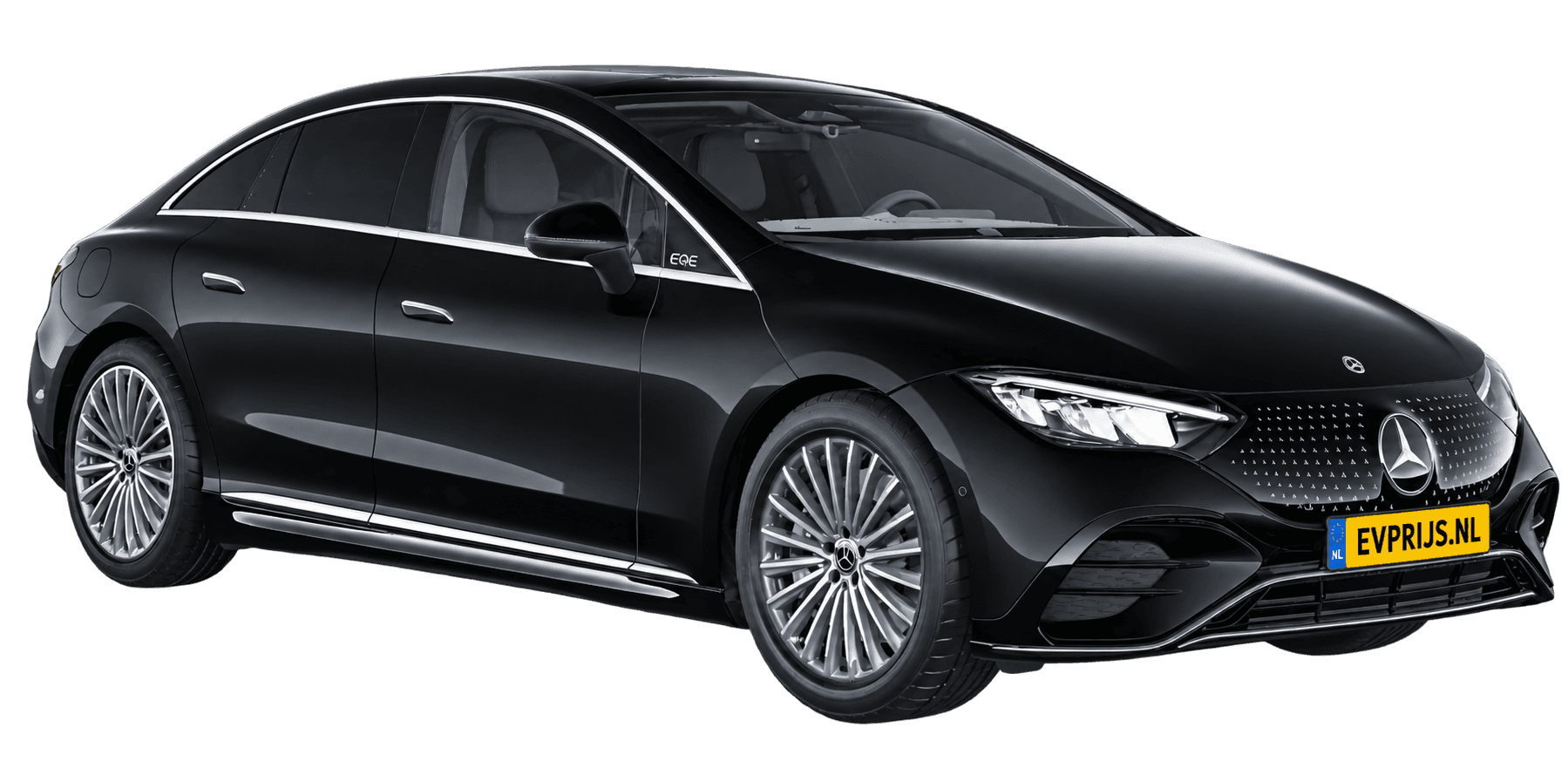 AI-bewerking (Imagegen) van officieel Mercedes-Benz-configuratorbeeld: EQE Limousine voor-/zijaanzicht in Obsidiaanzwart (configuratie EQE 300 Business Solution AMG); uitvoering en velgen kunnen afwijken, beeld 3
