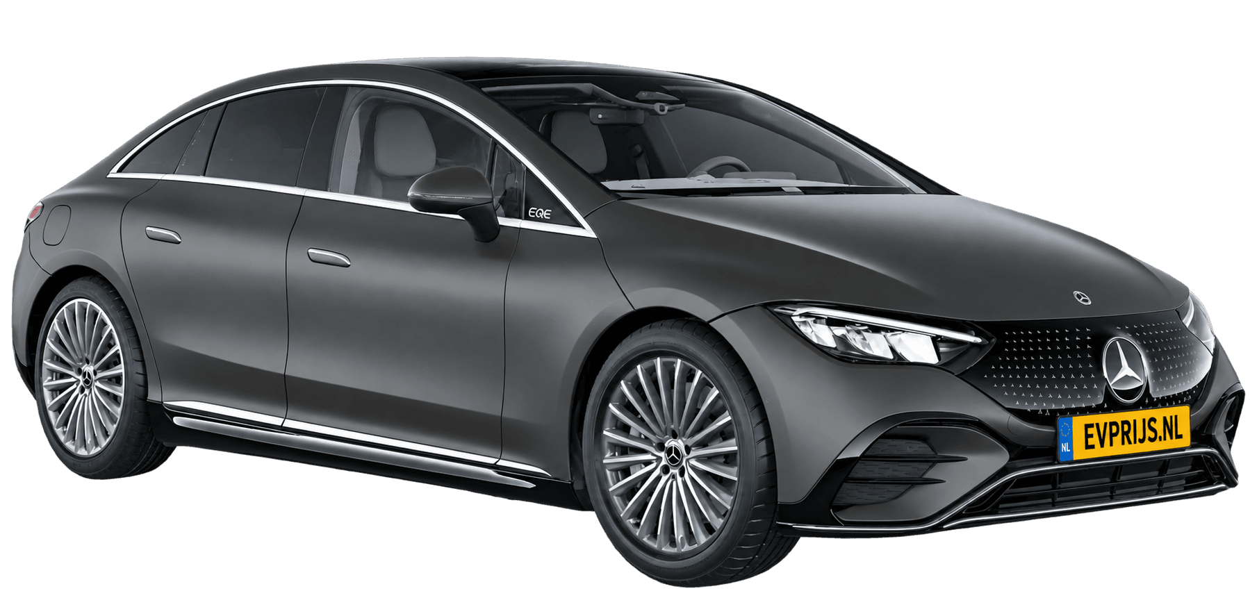 AI-bewerking (Imagegen) van officieel Mercedes-Benz-configuratorbeeld: EQE Limousine voor-/zijaanzicht in Grafietgrijs magno (configuratie EQE 300 Business Solution AMG); uitvoering en velgen kunnen afwijken, beeld 4