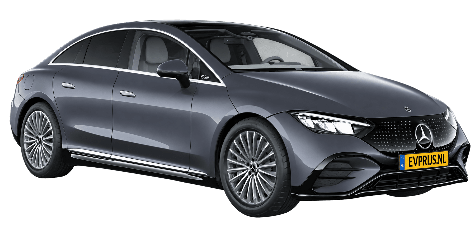 AI-bewerking (Imagegen) van officieel Mercedes-Benz-configuratorbeeld: EQE Limousine voor-/zijaanzicht in Grafietgrijs (configuratie EQE 300 Business Solution AMG); uitvoering en velgen kunnen afwijken, beeld 5