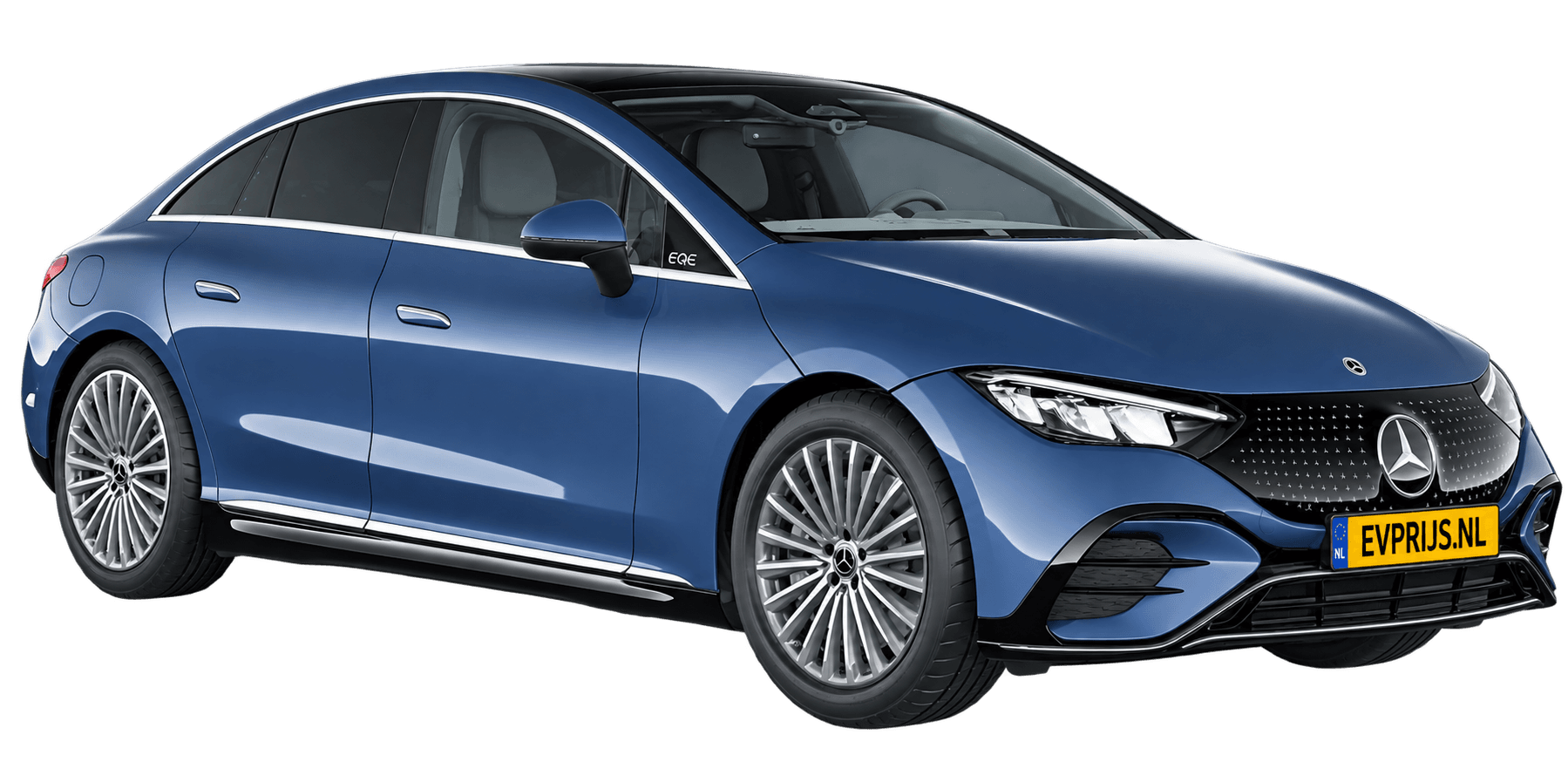 AI-bewerking (Imagegen) van officieel Mercedes-Benz-configuratorbeeld: EQE Limousine voor-/zijaanzicht in Soladietblauw (configuratie EQE 300 Business Solution AMG); uitvoering en velgen kunnen afwijken; kleurverzadiging kan afwijken, beeld 6