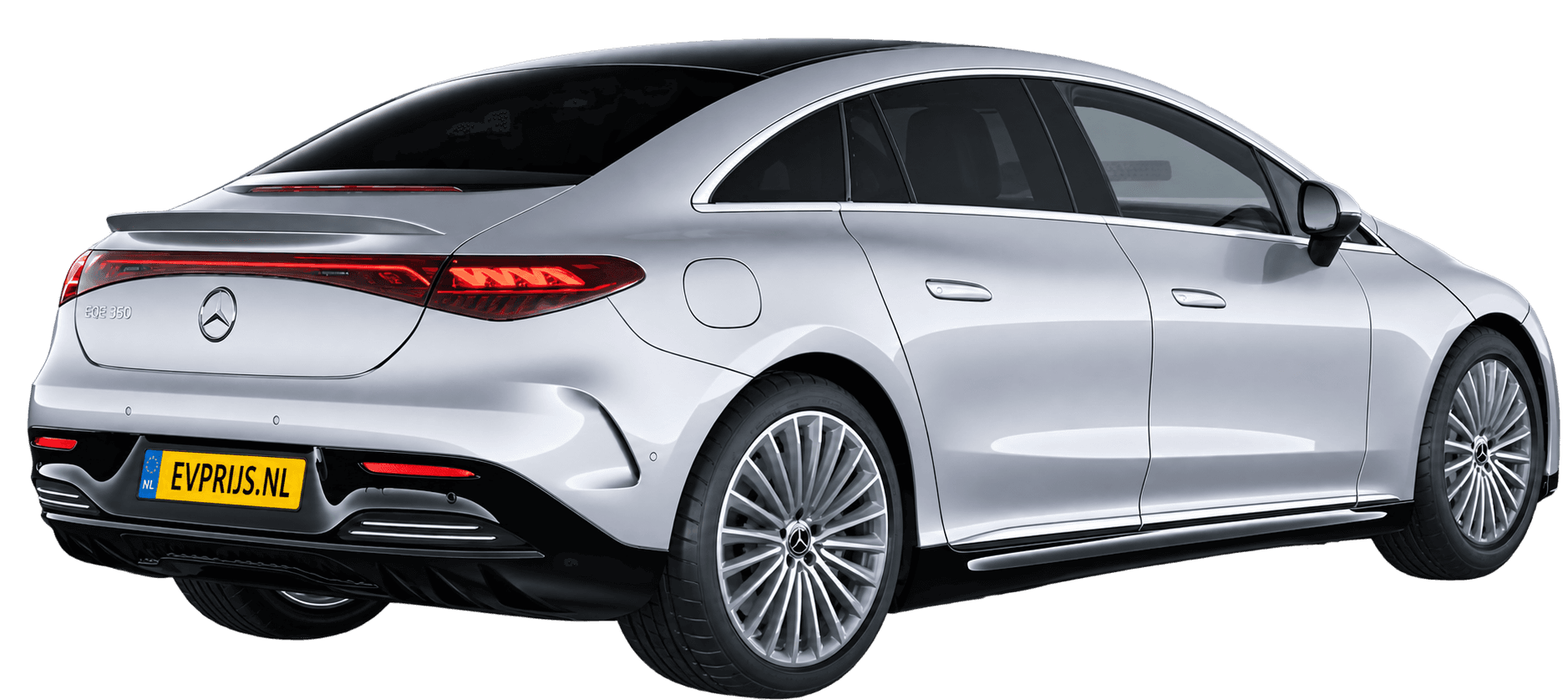AI-bewerking (Imagegen) van officieel Mercedes-Benz-configuratorbeeld: EQE Limousine achter-/zijaanzicht in Hich-techzilver (configuratie EQE 300 Business Solution AMG); uitvoering en velgen kunnen afwijken, beeld 2