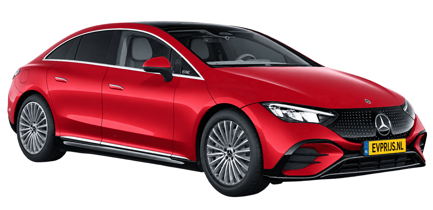 AI-bewerking (Imagegen) van officieel Mercedes-Benz-configuratorbeeld: EQE Limousine voor-/zijaanzicht in Patagoniërood (configuratie EQE 300 Business Solution AMG); uitvoering en velgen kunnen afwijken; kleurverzadiging kan afwijken, beeld 9