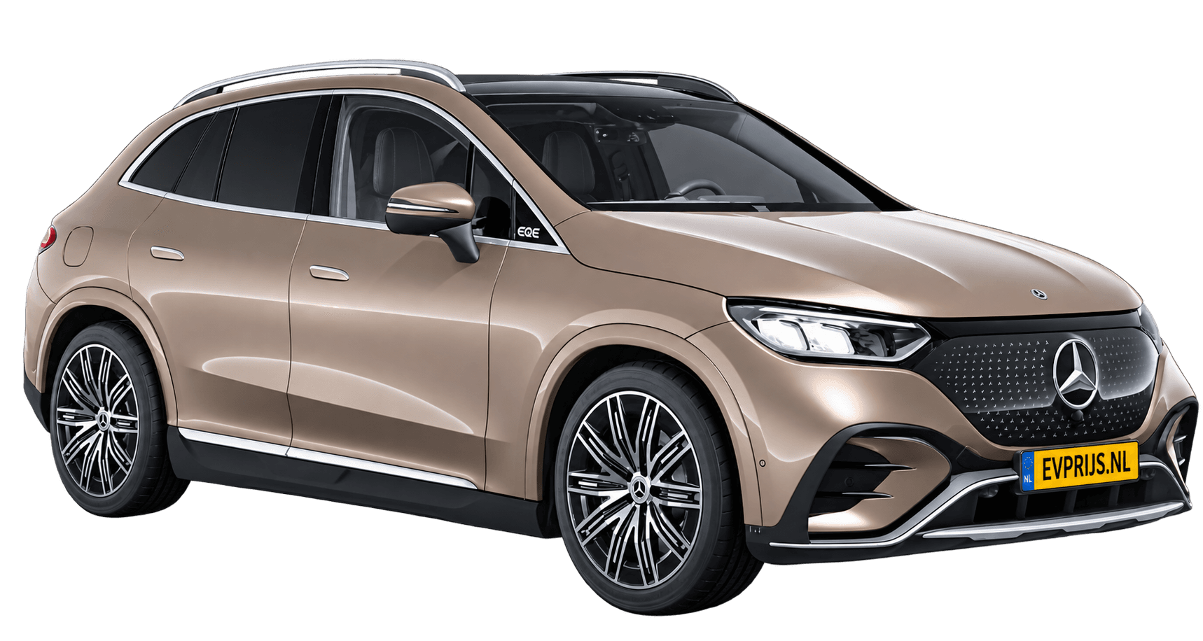 AI-bewerking (Imagegen) van officieel Mercedes-Benz-configuratorbeeld: EQE SUV voor-/zijaanzicht in Velvetbruin (configuratie EQE SUV 300 AMG Line); uitvoering en velgen kunnen afwijken, beeld 4