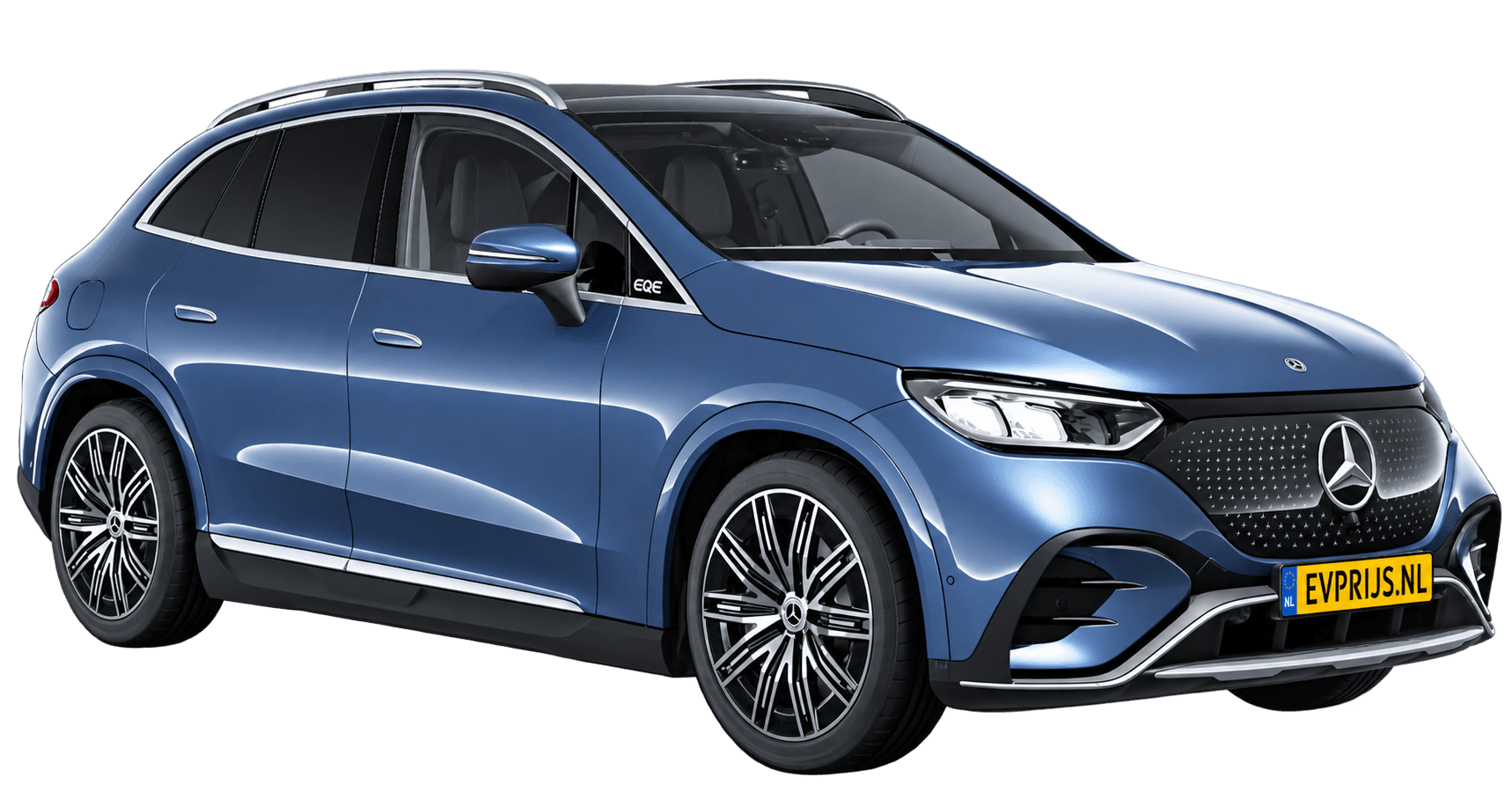 AI-bewerking (Imagegen) van officieel Mercedes-Benz-configuratorbeeld: EQE SUV voor-/zijaanzicht in Sodalietblauw (configuratie EQE SUV 300 AMG Line); uitvoering en velgen kunnen afwijken; kleurverzadiging kan afwijken, beeld 5