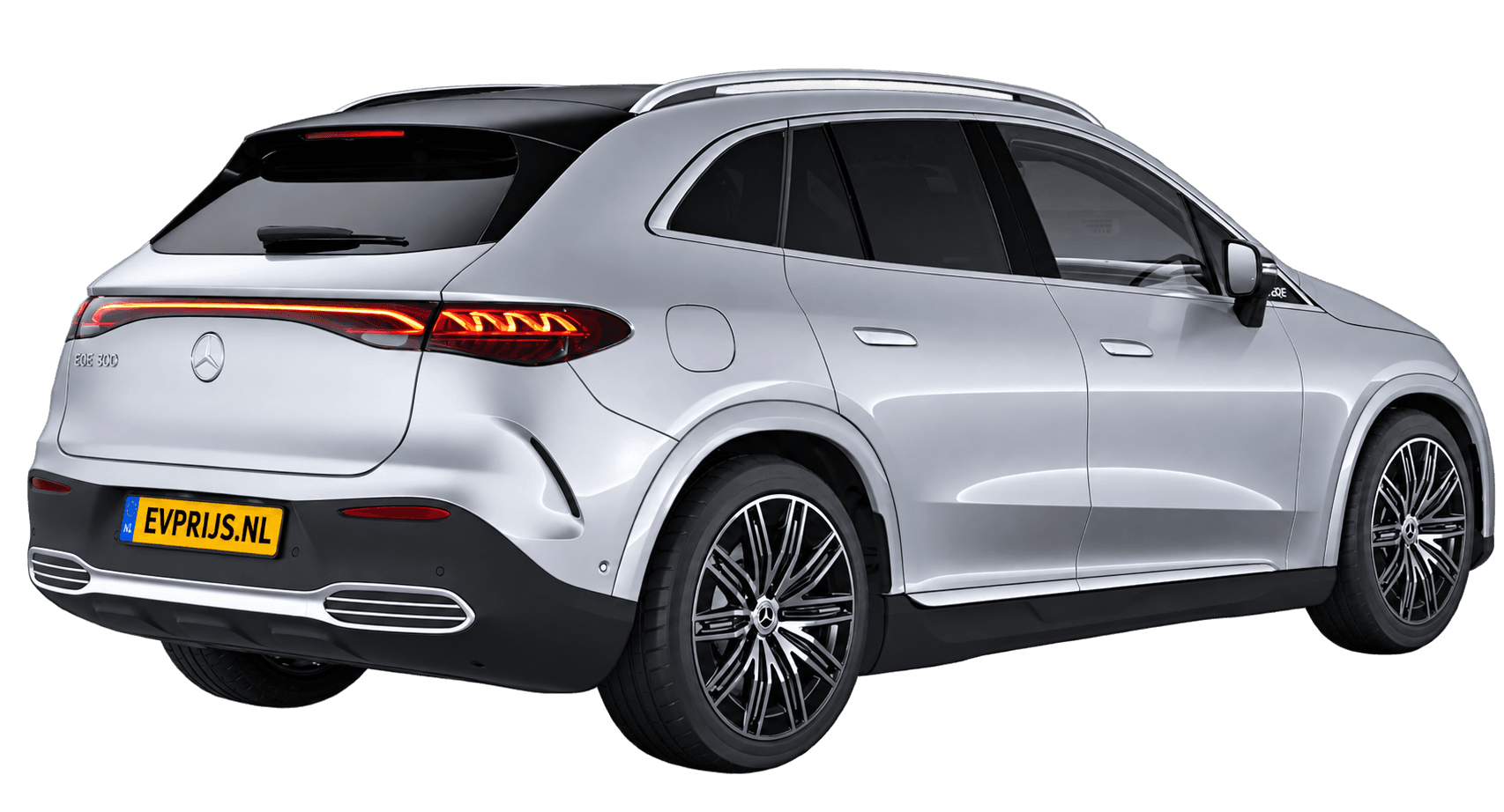 AI-bewerking (Imagegen) van officieel Mercedes-Benz-configuratorbeeld: EQE SUV achter-/zijaanzicht in Hightech zilver (configuratie EQE SUV 300 AMG Line); uitvoering en velgen kunnen afwijken, beeld 2