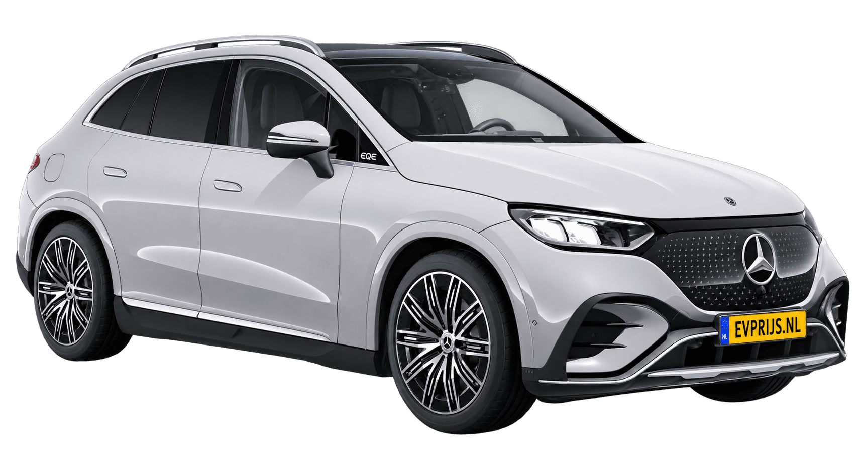 AI-bewerking (Imagegen) van officieel Mercedes-Benz-configuratorbeeld: EQE SUV voor-/zijaanzicht in Alpine grijs (configuratie EQE SUV 300 AMG Line); uitvoering en velgen kunnen afwijken, beeld 7