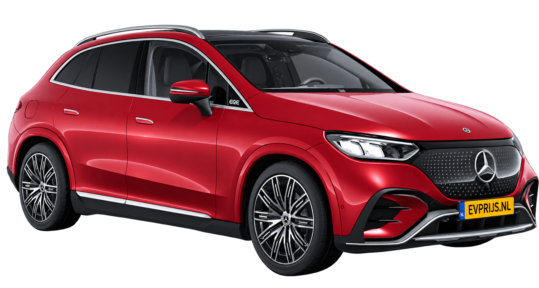 AI-bewerking (Imagegen) van officieel Mercedes-Benz-configuratorbeeld: EQE SUV voor-/zijaanzicht in Patagoniërood (configuratie EQE SUV 300 AMG Line); uitvoering en velgen kunnen afwijken; kleurverzadiging kan afwijken, beeld 8