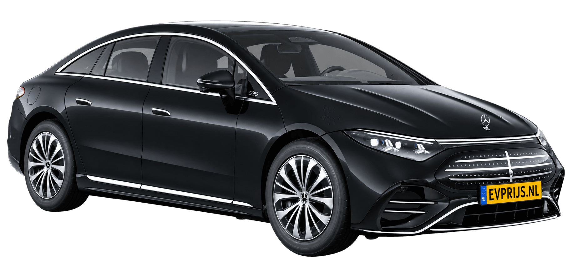 AI-bewerking (Imagegen) van officieel Mercedes-Benz-configuratorbeeld: EQS Limousine voor-/zijaanzicht in Obsidiaanzwart (configuratie EQS 400); uitvoering en velgen kunnen afwijken, beeld 5