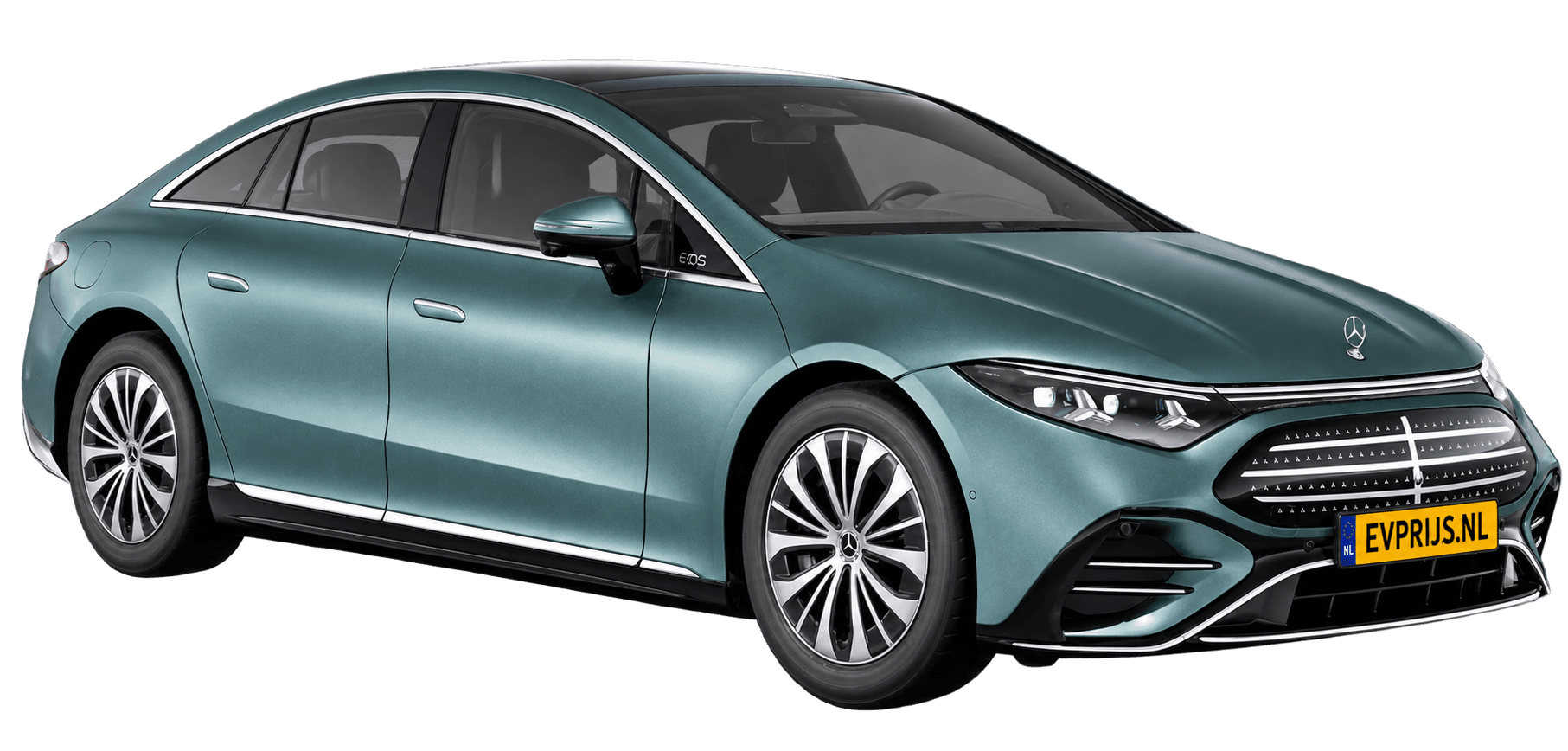AI-bewerking (Imagegen) van officieel Mercedes-Benz-configuratorbeeld: EQS Limousine voor-/zijaanzicht in Verde zilver magno (configuratie EQS 400); uitvoering en velgen kunnen afwijken, beeld 6
