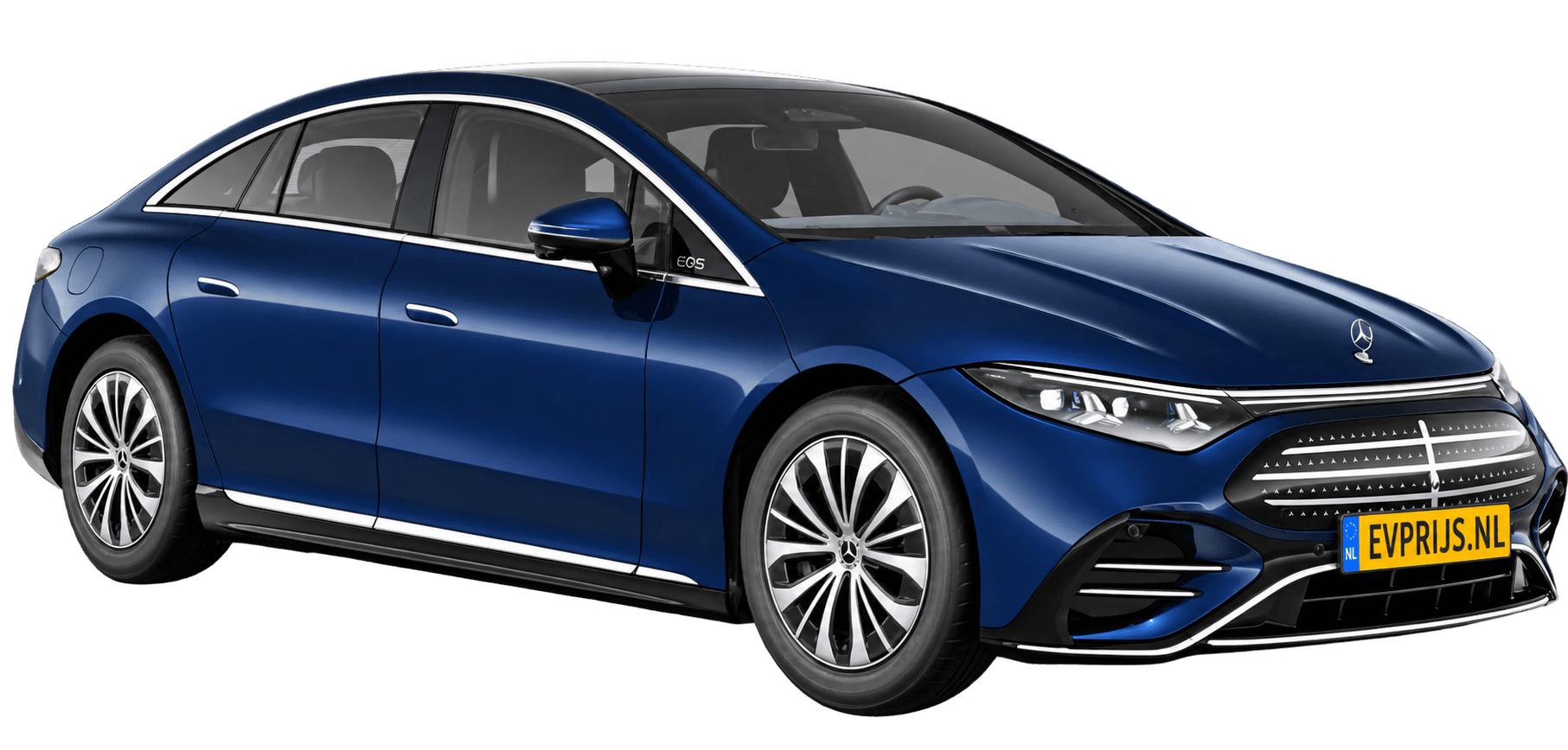AI-bewerking (Imagegen) van officieel Mercedes-Benz-configuratorbeeld: EQS Limousine voor-/zijaanzicht in Nauticblauw (configuratie EQS 400); uitvoering en velgen kunnen afwijken; kleurverzadiging kan afwijken, beeld 7