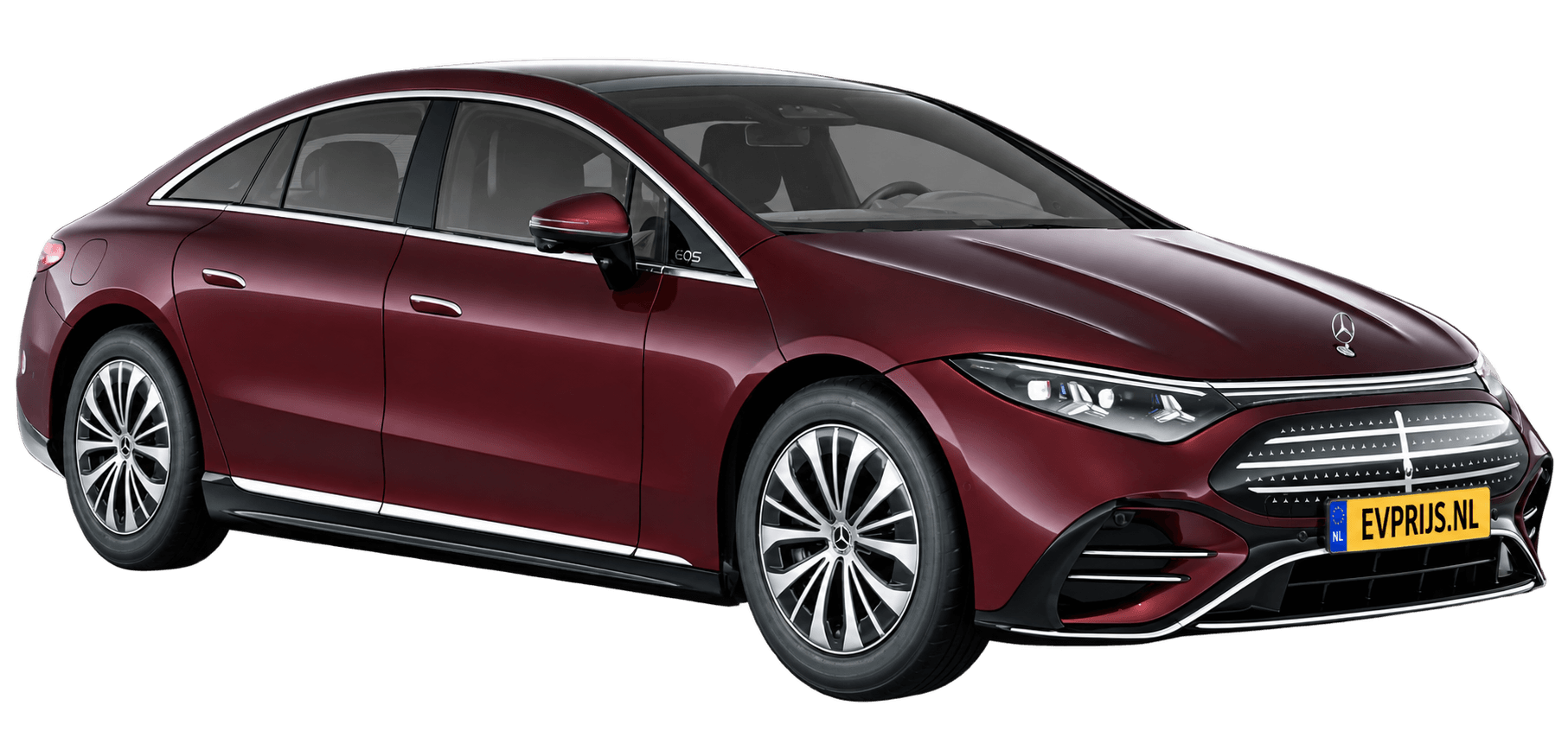 AI-bewerking (Imagegen) van officieel Mercedes-Benz-configuratorbeeld: EQS Limousine voor-/zijaanzicht in Rubellietrood (configuratie EQS 400); uitvoering en velgen kunnen afwijken, beeld 9