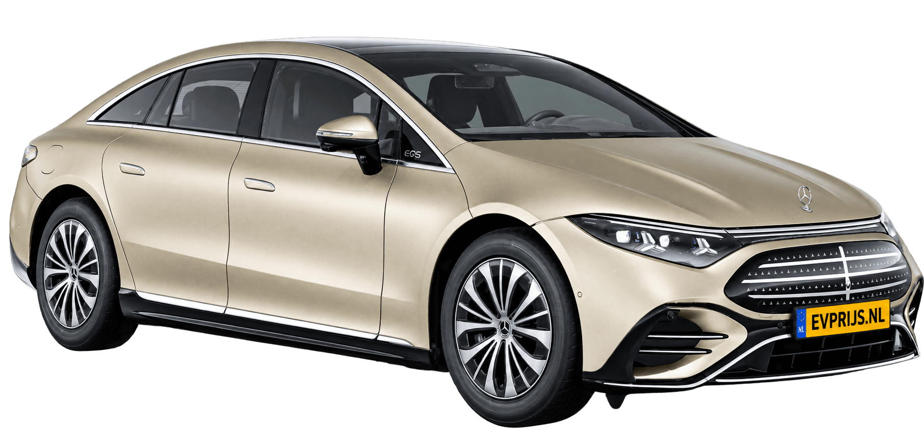 AI-bewerking (Imagegen) van officieel Mercedes-Benz-configuratorbeeld: EQS Limousine voor-/zijaanzicht in Kalaharigoud magno (configuratie EQS 400); uitvoering en velgen kunnen afwijken, beeld 10