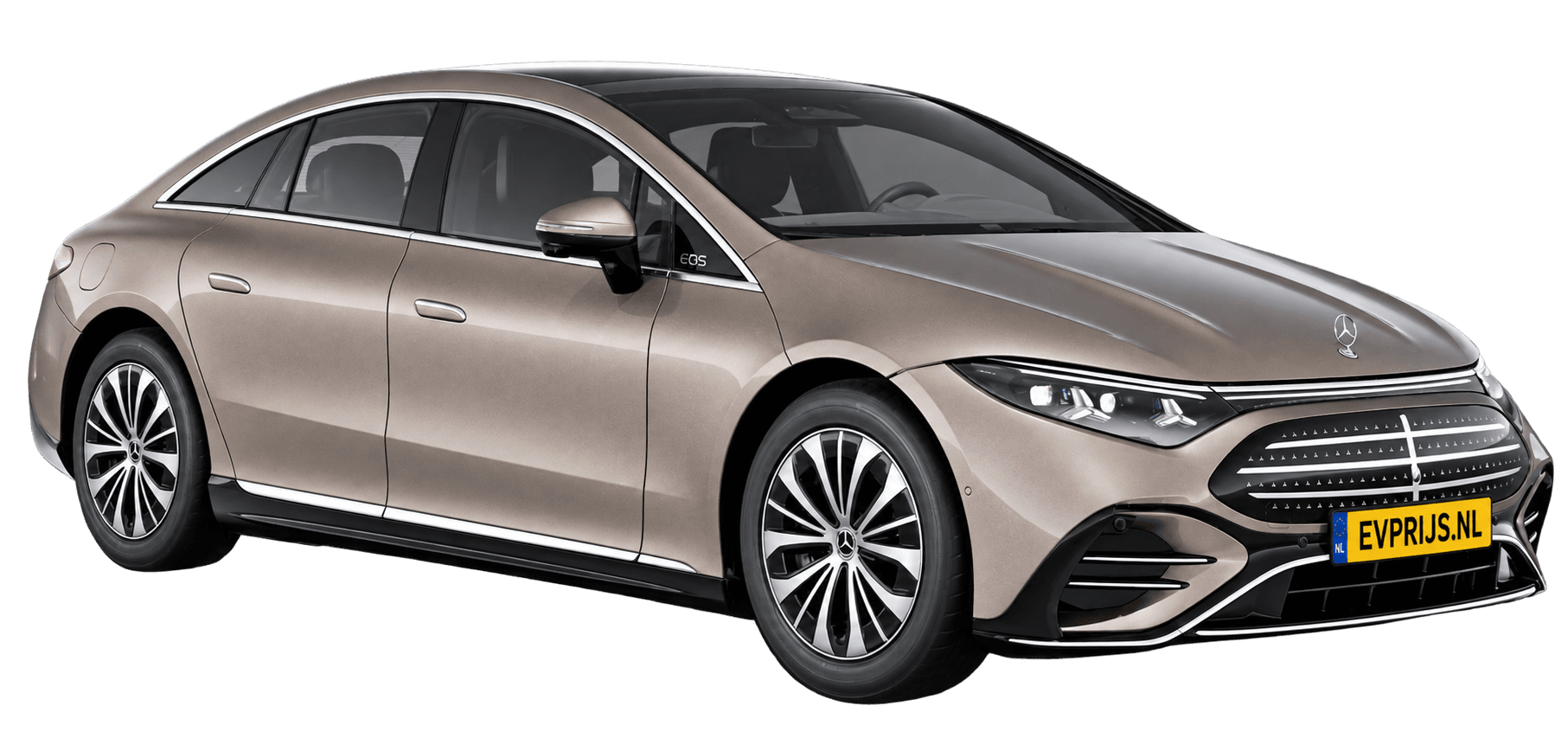 AI-bewerking (Imagegen) van officieel Mercedes-Benz-configuratorbeeld: EQS Limousine voor-/zijaanzicht in Velvetbruin (configuratie EQS 400); uitvoering en velgen kunnen afwijken, beeld 12