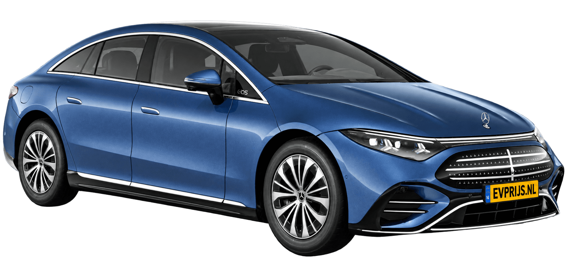 AI-bewerking (Imagegen) van officieel Mercedes-Benz-configuratorbeeld: EQS Limousine voor-/zijaanzicht in Sodalietblauw (configuratie EQS 400); uitvoering en velgen kunnen afwijken; kleurverzadiging kan afwijken, beeld 15