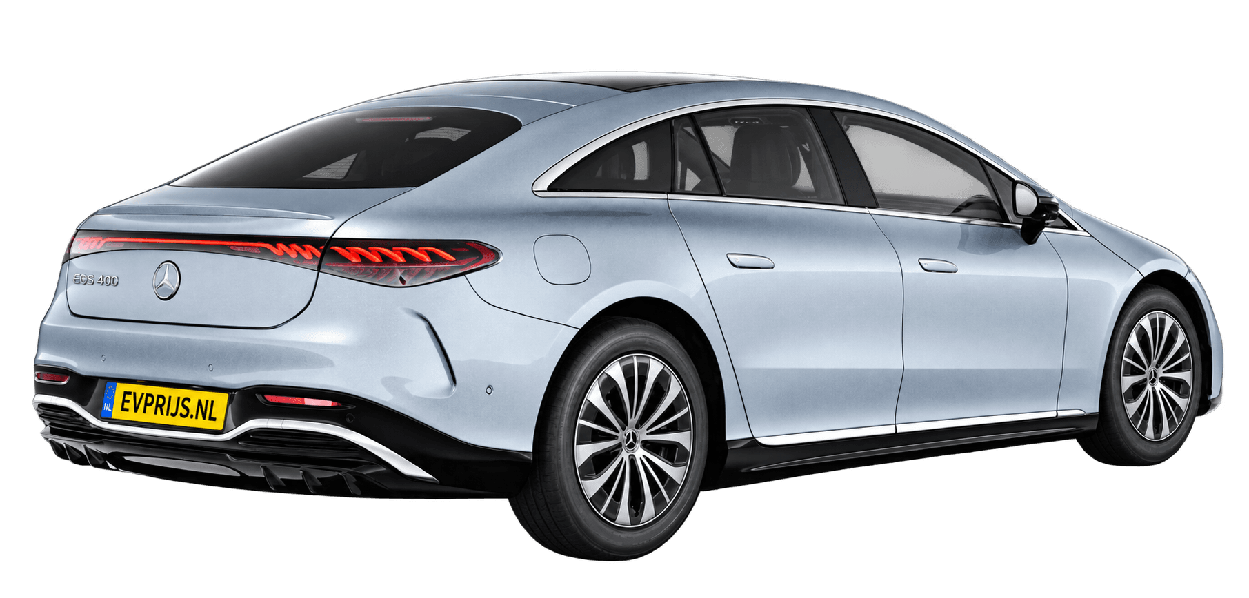 AI-bewerking (Imagegen) van officieel Mercedes-Benz-configuratorbeeld: EQS Limousine achter-/zijaanzicht in High-tech zilver (configuratie EQS 400); uitvoering en velgen kunnen afwijken, beeld 2