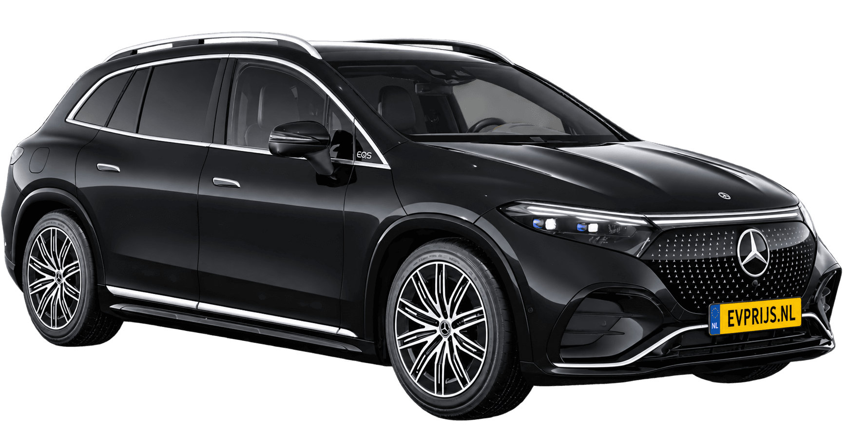 AI-bewerking (Imagegen) van officieel Mercedes-Benz-configuratorbeeld: EQS SUV voor-/zijaanzicht in Obsidiaanzwart (configuratie EQS SUV 450+ AMG Line); uitvoering en velgen kunnen afwijken, beeld 3
