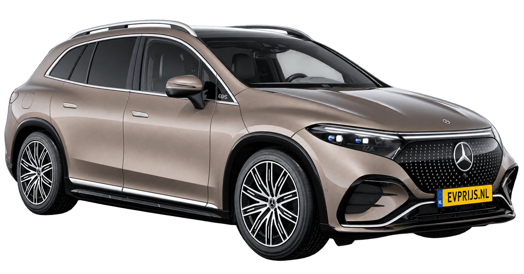 AI-bewerking (Imagegen) van officieel Mercedes-Benz-configuratorbeeld: EQS SUV voor-/zijaanzicht in Velvetbruin (configuratie EQS SUV 450+ AMG Line); uitvoering en velgen kunnen afwijken, beeld 4