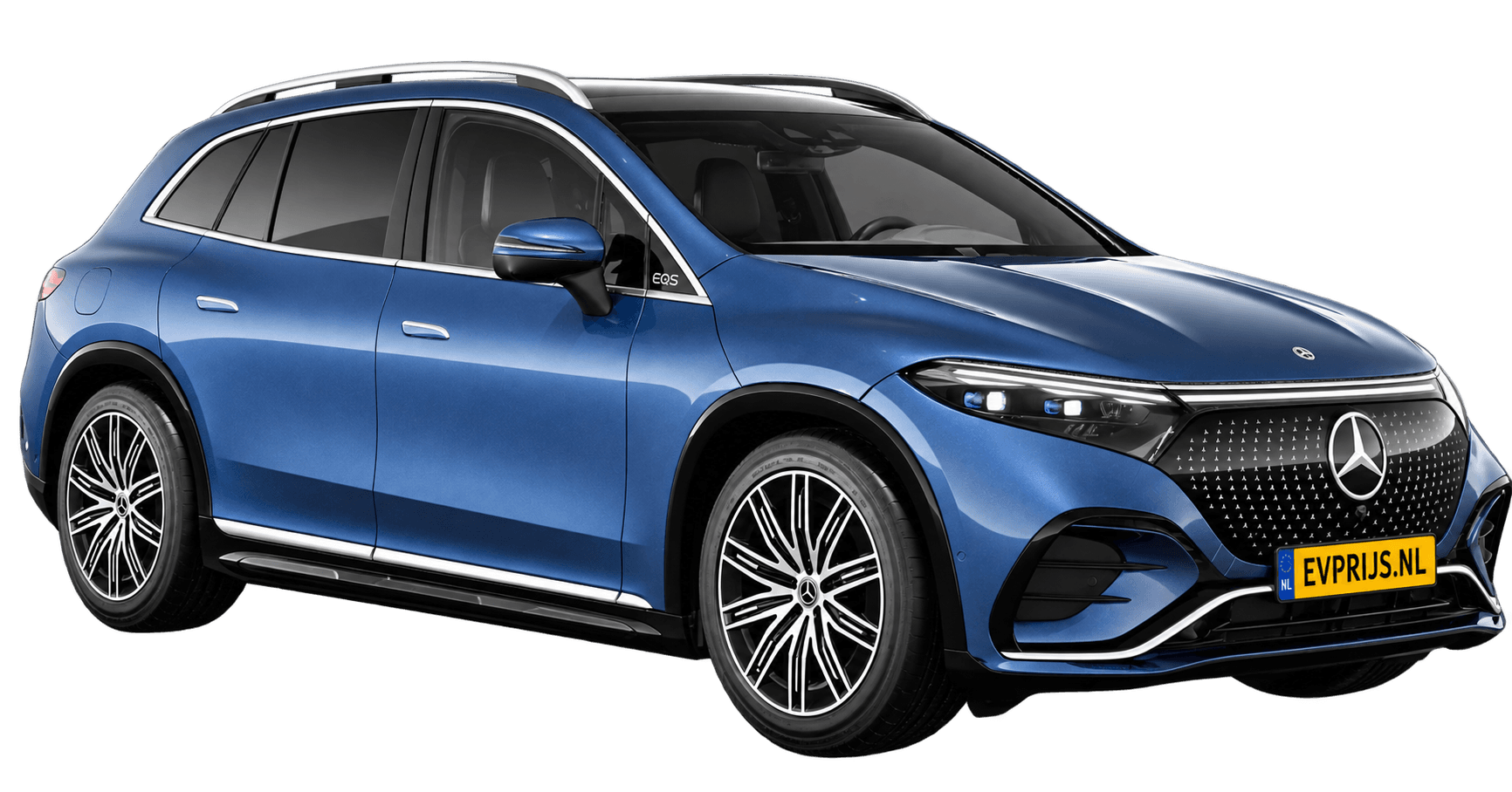 AI-bewerking (Imagegen) van officieel Mercedes-Benz-configuratorbeeld: EQS SUV voor-/zijaanzicht in Sodalietblauw (configuratie EQS SUV 450+ AMG Line); uitvoering en velgen kunnen afwijken; kleurverzadiging kan afwijken, beeld 5