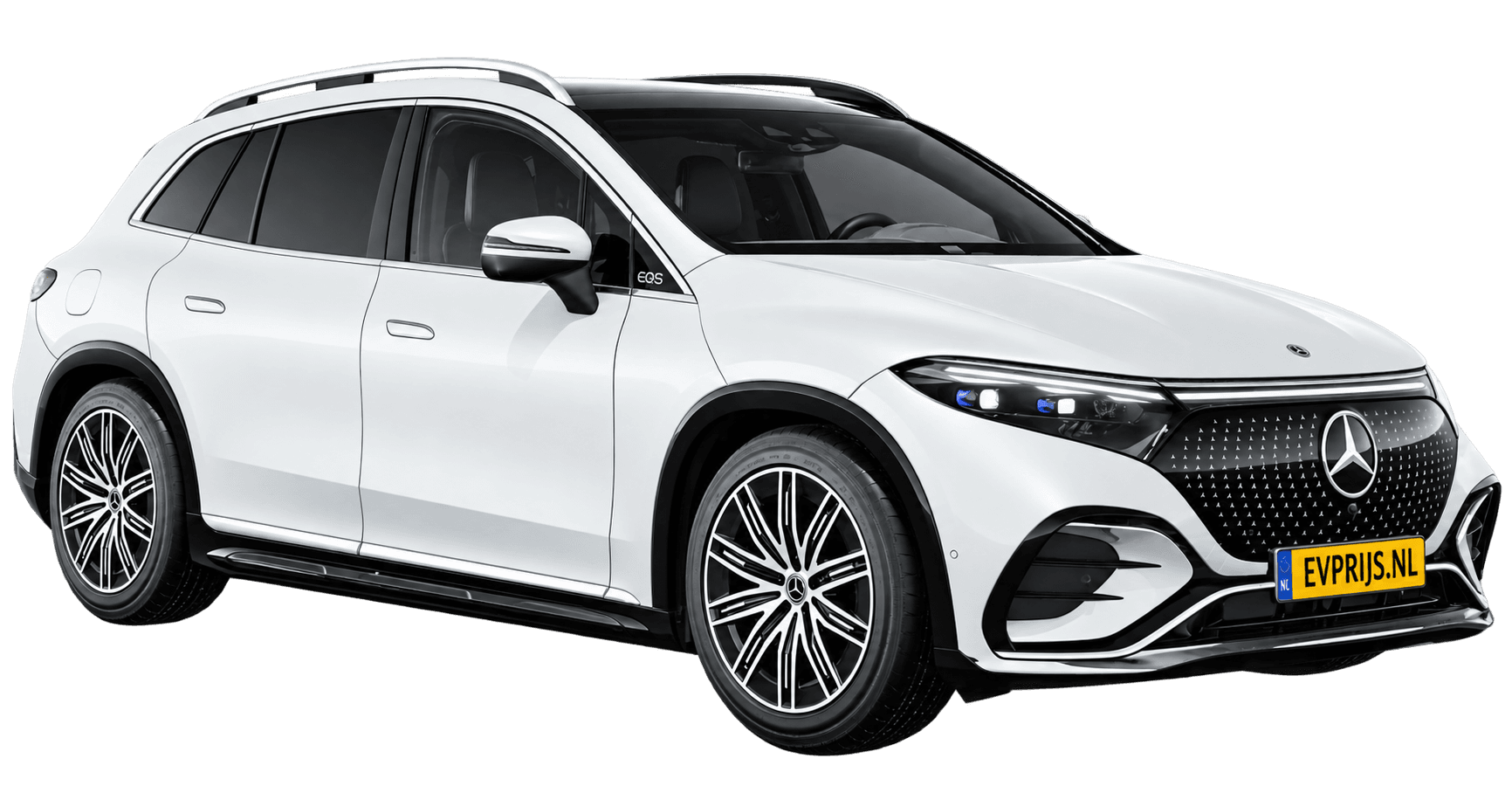 AI-bewerking (Imagegen) van officieel Mercedes-Benz-configuratorbeeld: EQS SUV voor-/zijaanzicht in Opalietwit bright (configuratie EQS SUV 450+ AMG Line); uitvoering en velgen kunnen afwijken, beeld 6