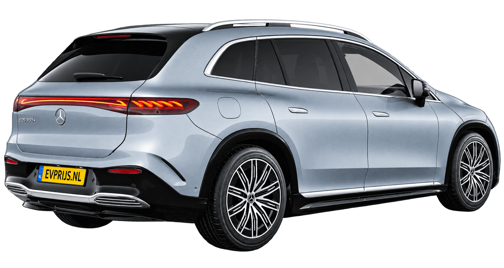 AI-bewerking (Imagegen) van officieel Mercedes-Benz-configuratorbeeld: EQS SUV achter-/zijaanzicht in Hightech zilver (configuratie EQS SUV 450+ AMG Line); uitvoering en velgen kunnen afwijken, beeld 2