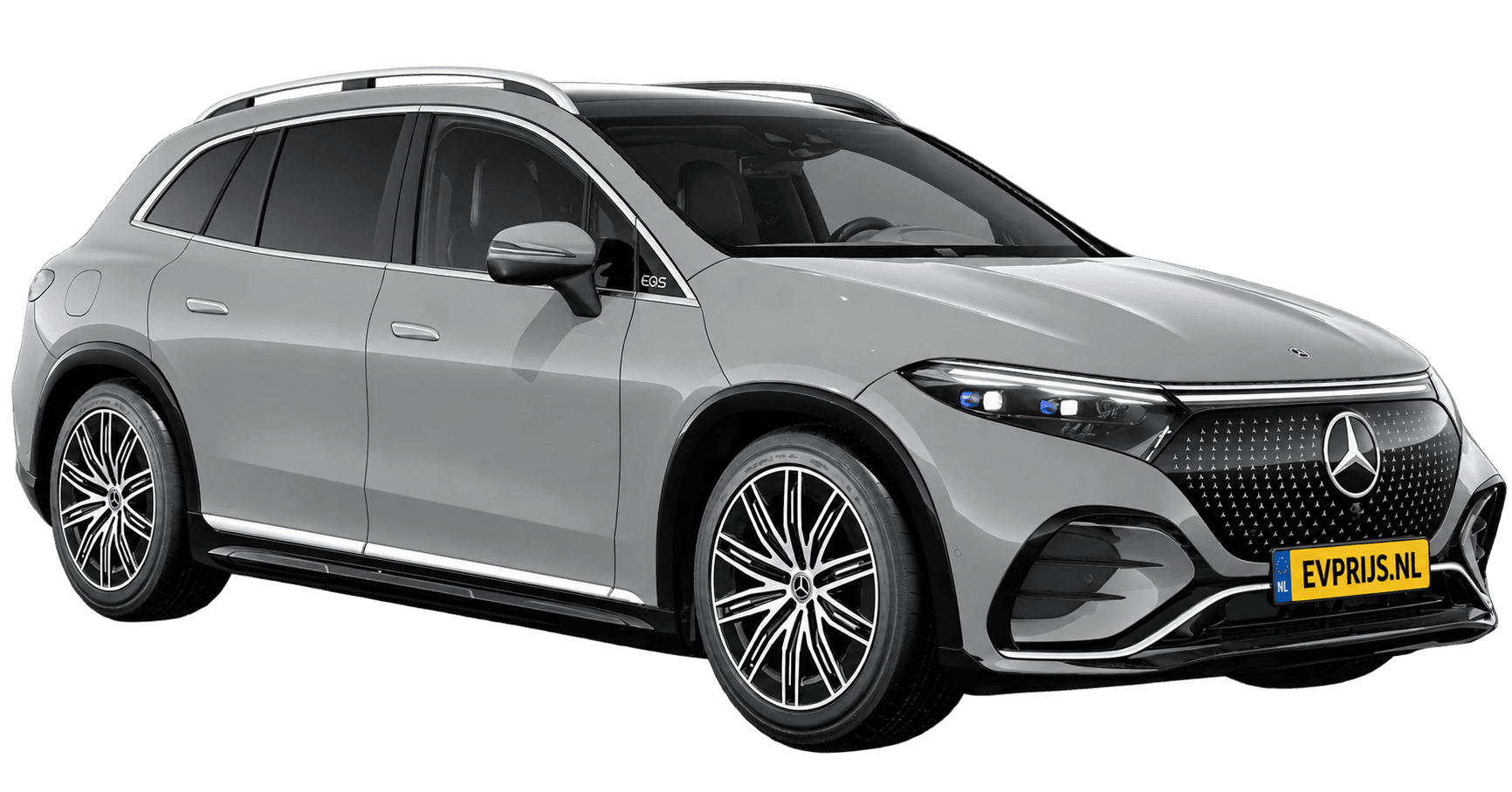 AI-bewerking (Imagegen) van officieel Mercedes-Benz-configuratorbeeld: EQS SUV voor-/zijaanzicht in Alpine grijs (configuratie EQS SUV 450+ AMG Line); uitvoering en velgen kunnen afwijken, beeld 7