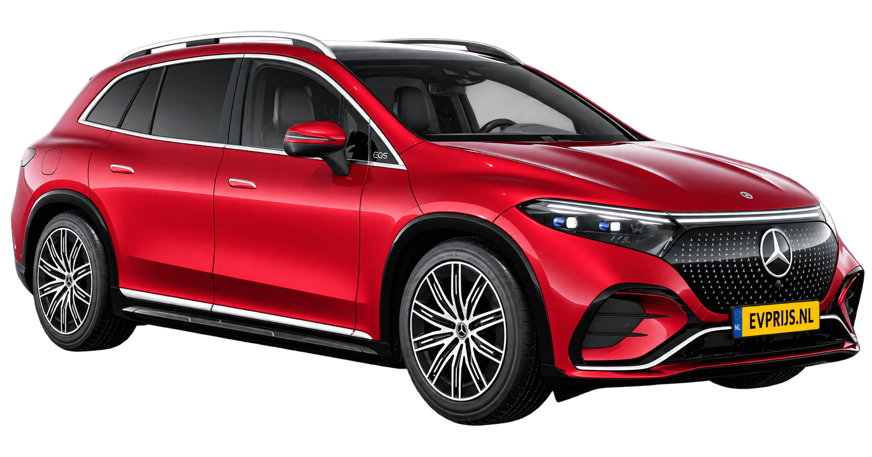 AI-bewerking (Imagegen) van officieel Mercedes-Benz-configuratorbeeld: EQS SUV voor-/zijaanzicht in Patagoniërood (configuratie EQS SUV 450+ AMG Line); uitvoering en velgen kunnen afwijken; kleurverzadiging kan afwijken, beeld 8