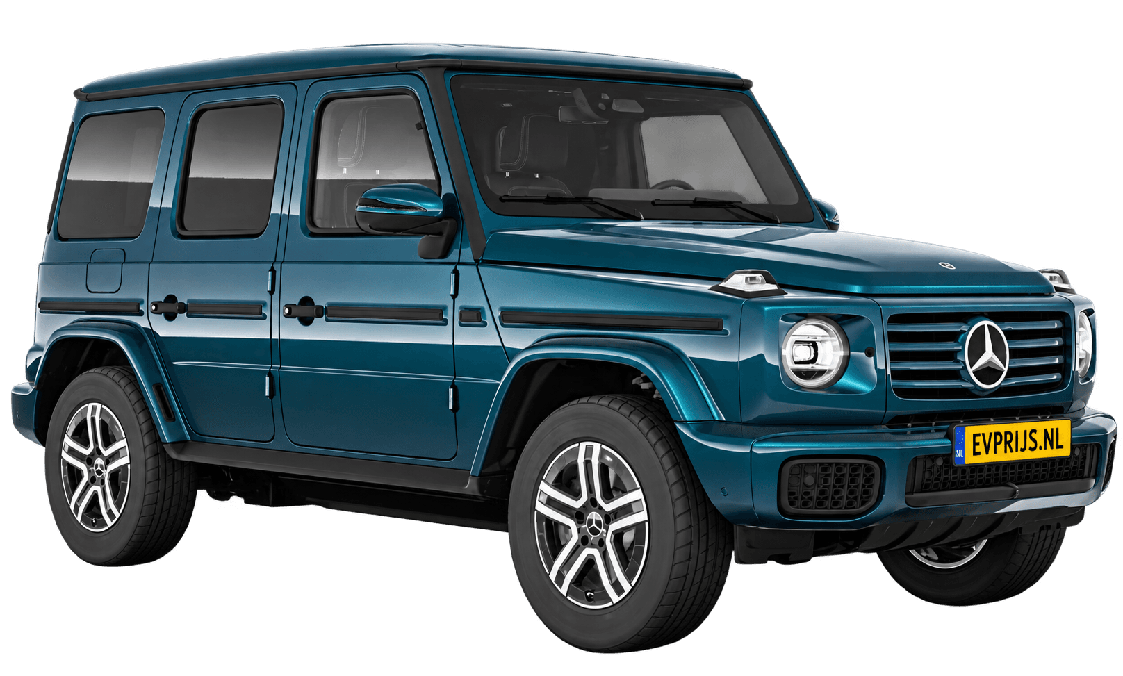 AI-bewerking (Imagegen) van officieel Mercedes-Benz-configuratorbeeld: G-Klasse Terreinwagen voor-/zijaanzicht in Oceaanblauw (configuratie Mercedes-Benz G 580 electric); uitvoering en velgen kunnen afwijken, beeld 3