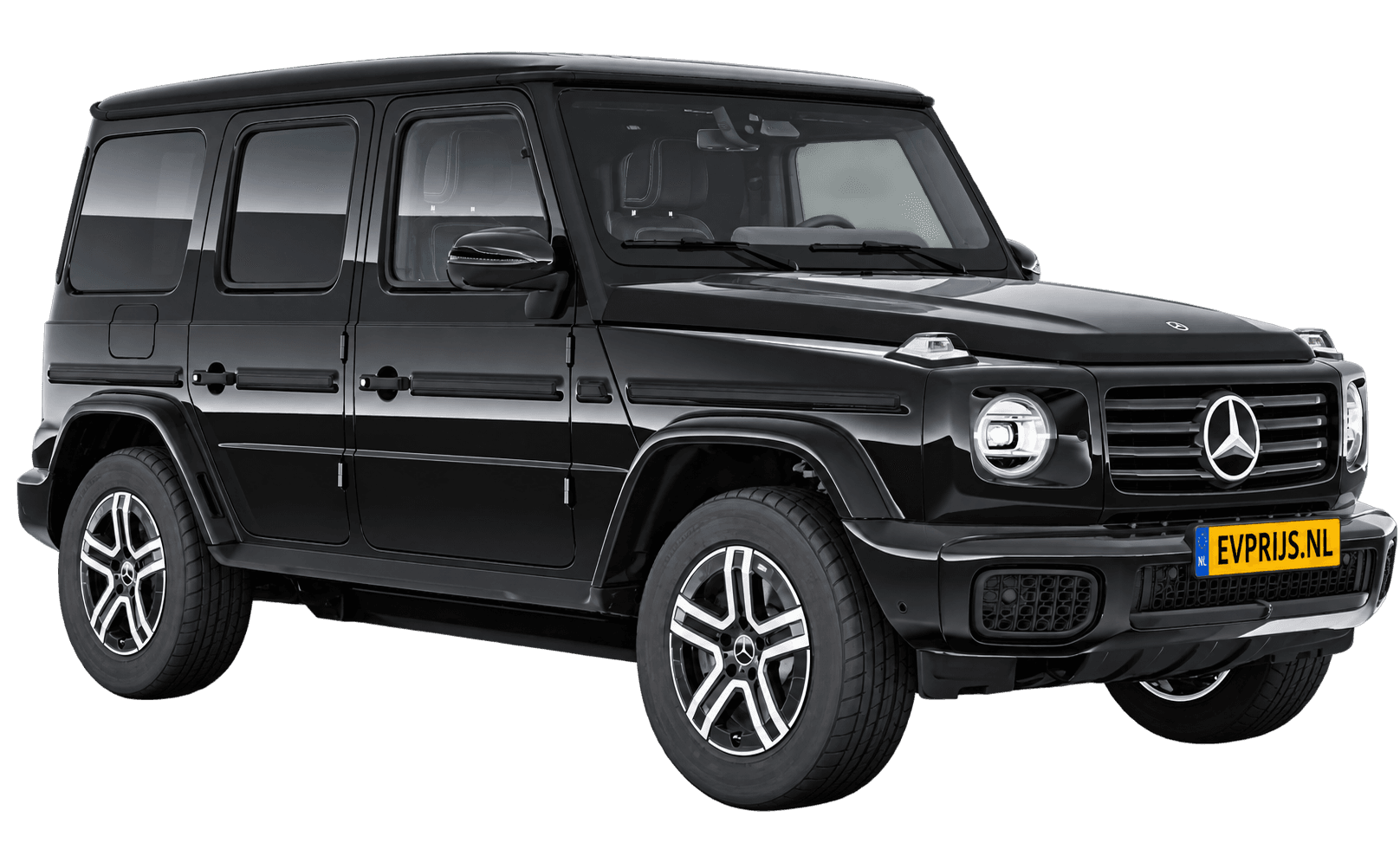 AI-bewerking (Imagegen) van officieel Mercedes-Benz-configuratorbeeld: G-Klasse Terreinwagen voor-/zijaanzicht in Zwart (configuratie Mercedes-Benz G 580 electric); uitvoering en velgen kunnen afwijken, beeld 4