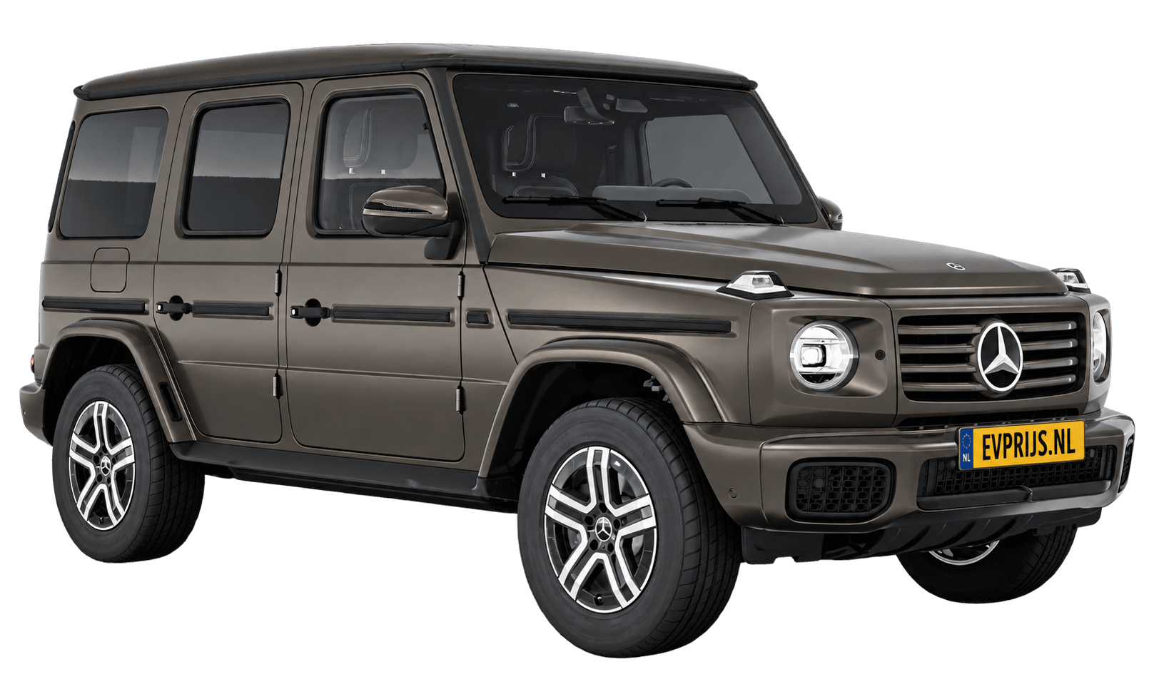 AI-bewerking (Imagegen) van officieel Mercedes-Benz-configuratorbeeld: G-Klasse Terreinwagen voor-/zijaanzicht in Monzagrijs (configuratie Mercedes-Benz G 580 electric); uitvoering en velgen kunnen afwijken, beeld 7