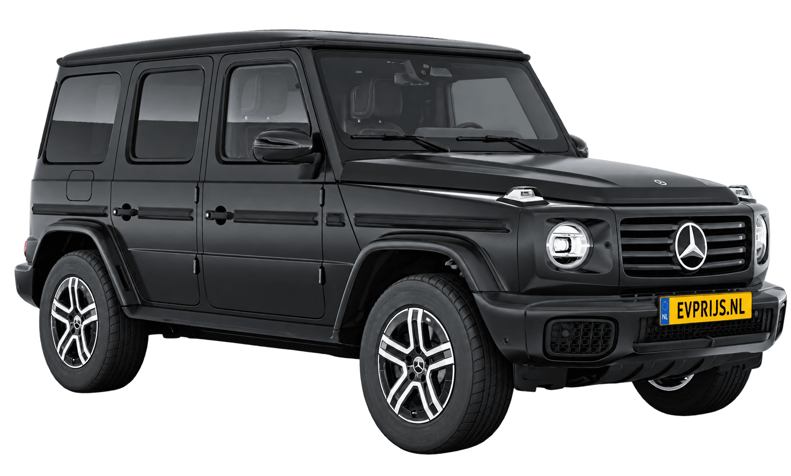 AI-bewerking (Imagegen) van officieel Mercedes-Benz-configuratorbeeld: G-Klasse Terreinwagen voor-/zijaanzicht in Nachtzwart (configuratie Mercedes-Benz G 580 electric); uitvoering en velgen kunnen afwijken, beeld 8
