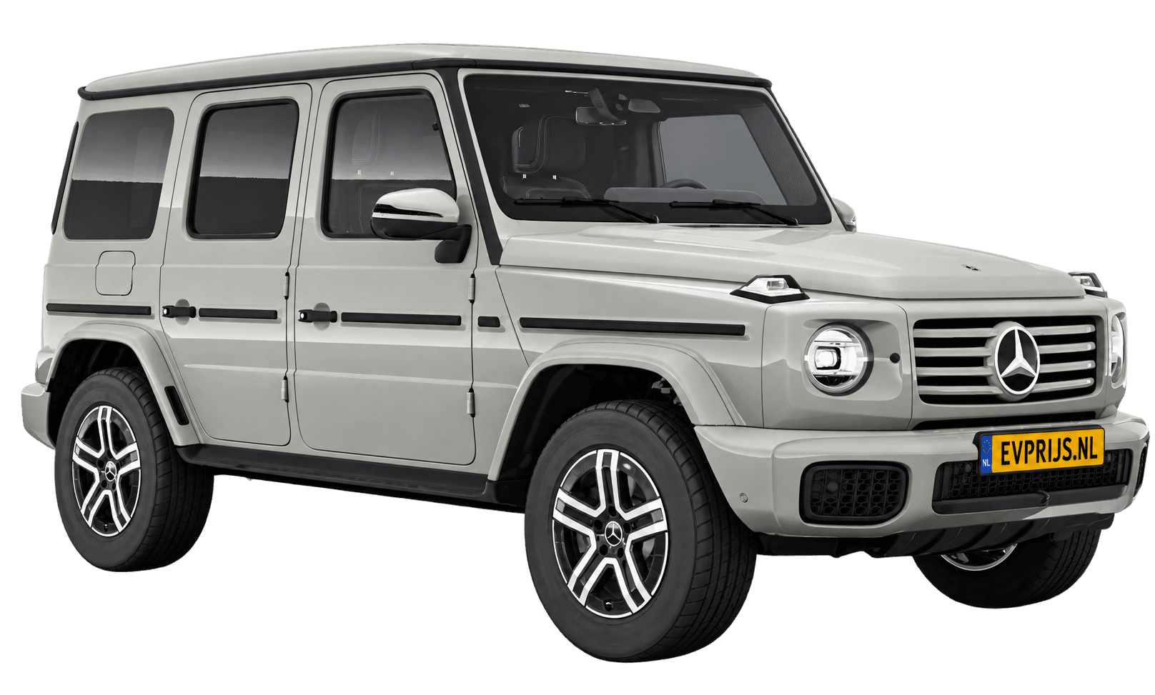 AI-bewerking (Imagegen) van officieel Mercedes-Benz-configuratorbeeld: G-Klasse Terreinwagen voor-/zijaanzicht in Klassiekgrijs (configuratie Mercedes-Benz G 580 electric); uitvoering en velgen kunnen afwijken, beeld 9