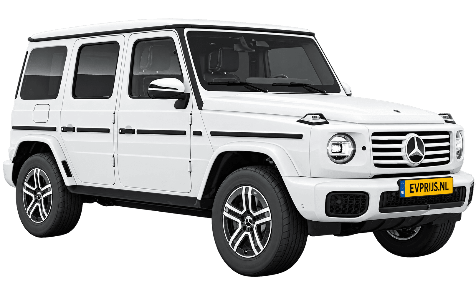 AI-bewerking (Imagegen) van officieel Mercedes-Benz-configuratorbeeld: G-Klasse Terreinwagen voor-/zijaanzicht in Poolwit (configuratie Mercedes-Benz G 580 electric); uitvoering en velgen kunnen afwijken, beeld 10