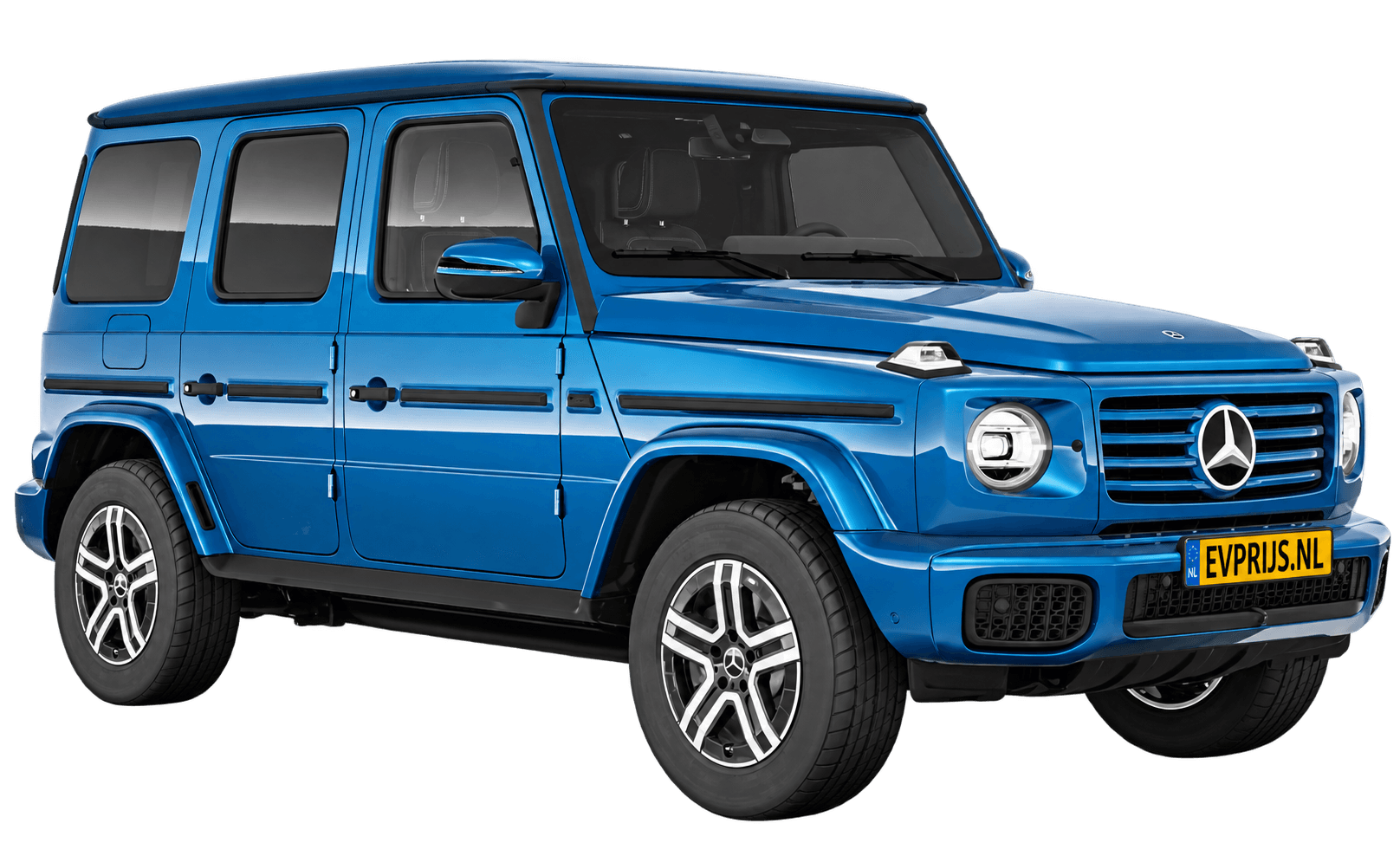 AI-bewerking (Imagegen) van officieel Mercedes-Benz-configuratorbeeld: G-Klasse Terreinwagen voor-/zijaanzicht in Zuidzeeblauw (configuratie Mercedes-Benz G 580 electric); uitvoering en velgen kunnen afwijken; kleurverzadiging kan afwijken, beeld 11