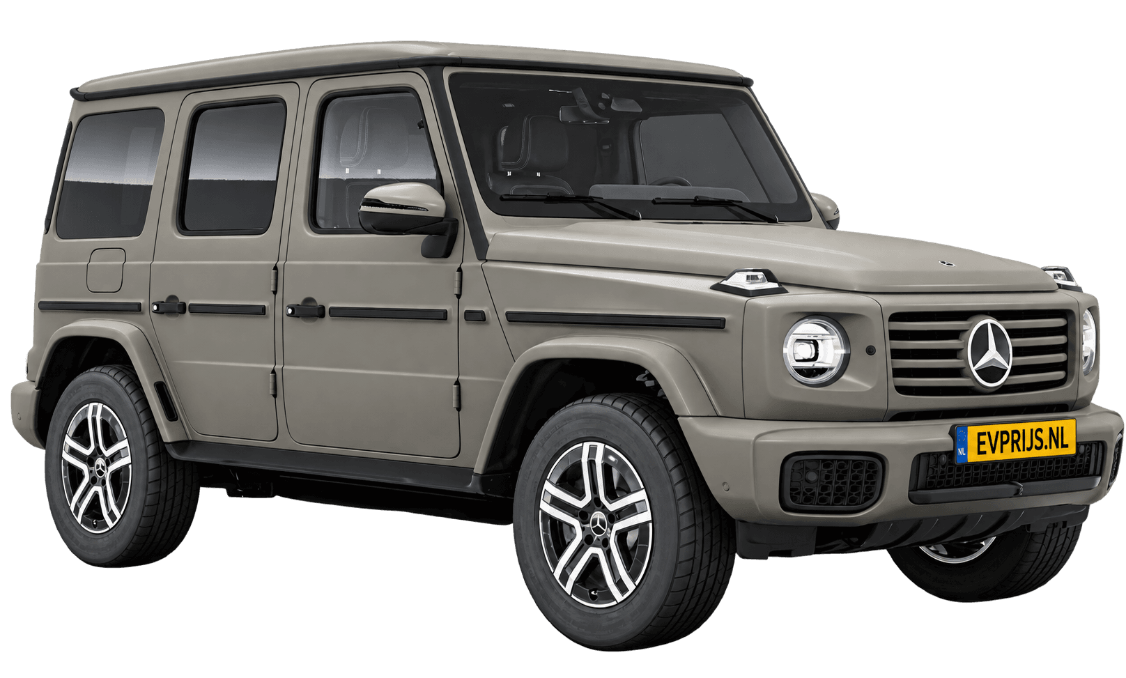 AI-bewerking (Imagegen) van officieel Mercedes-Benz-configuratorbeeld: G-Klasse Terreinwagen voor-/zijaanzicht in Donkerolijf (configuratie Mercedes-Benz G 580 electric); uitvoering en velgen kunnen afwijken, beeld 12