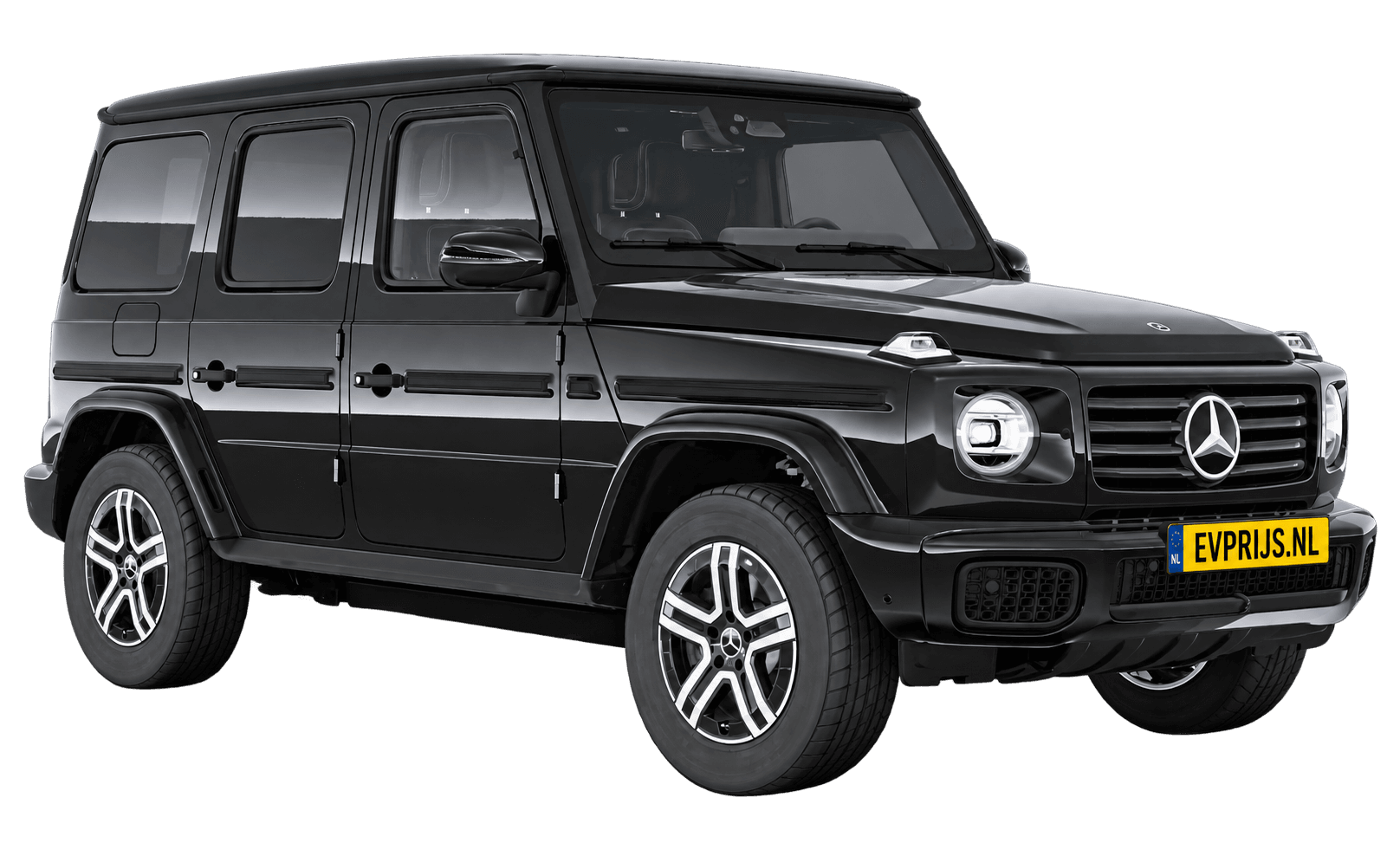 AI-bewerking (Imagegen) van officieel Mercedes-Benz-configuratorbeeld: G-Klasse Terreinwagen voor-/zijaanzicht in Obsidiaanzwart (configuratie Mercedes-Benz G 580 electric); uitvoering en velgen kunnen afwijken, beeld 13