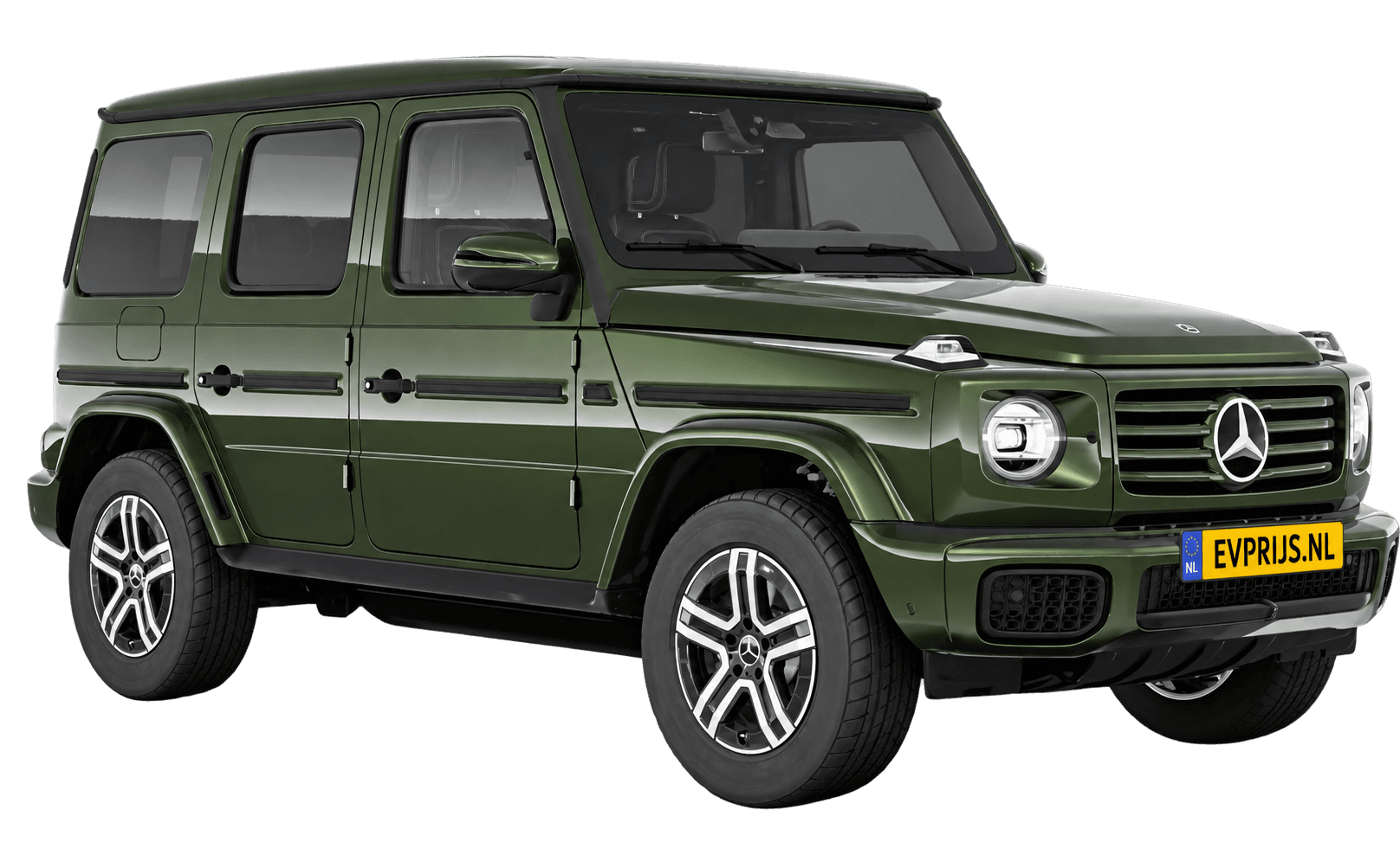 AI-bewerking (Imagegen) van officieel Mercedes-Benz-configuratorbeeld: G-Klasse Terreinwagen voor-/zijaanzicht in Olijf (configuratie Mercedes-Benz G 580 electric); uitvoering en velgen kunnen afwijken, beeld 14