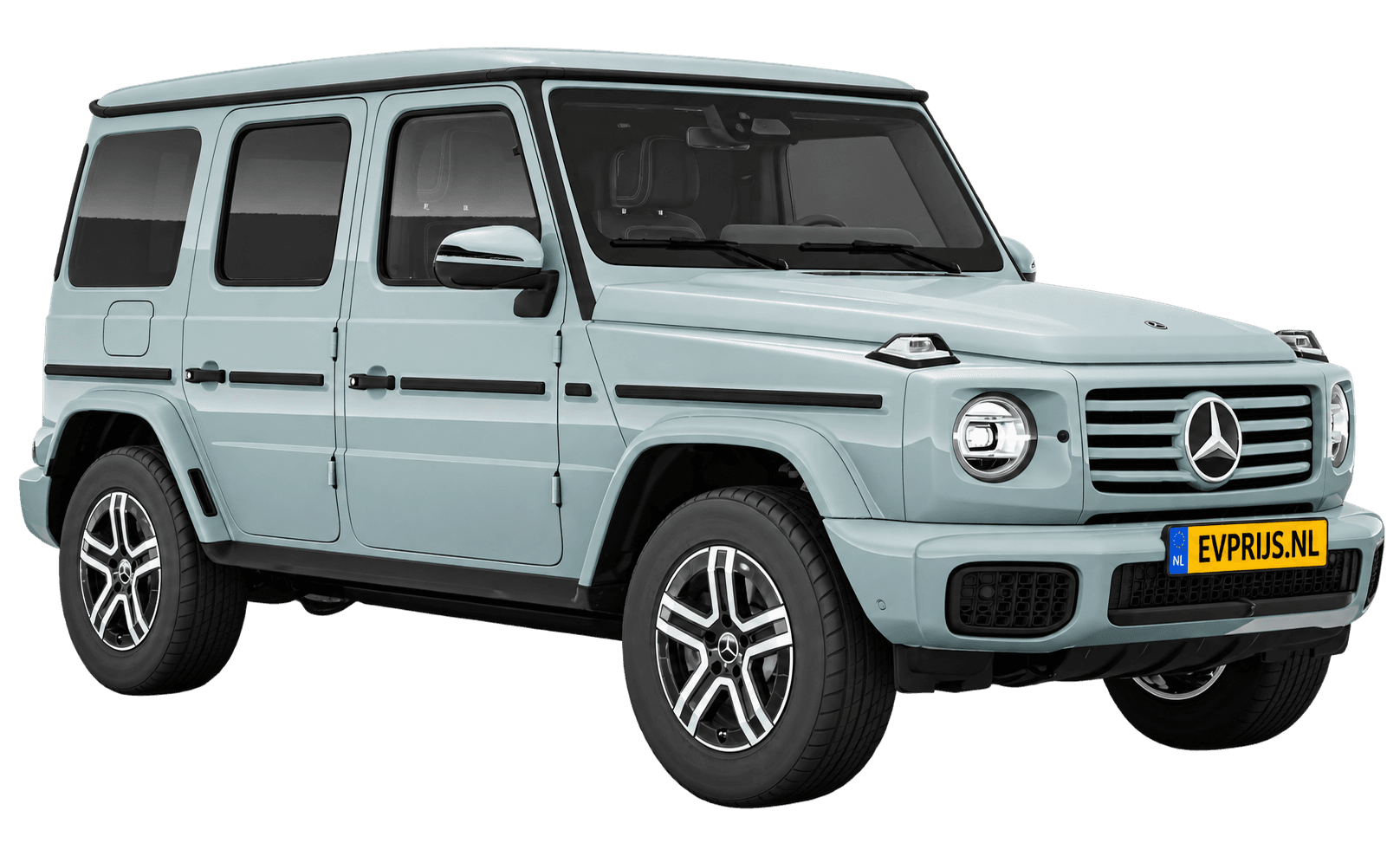 AI-bewerking (Imagegen) van officieel Mercedes-Benz-configuratorbeeld: G-Klasse Terreinwagen voor-/zijaanzicht in Aquamint (configuratie Mercedes-Benz G 580 electric); uitvoering en velgen kunnen afwijken, beeld 16