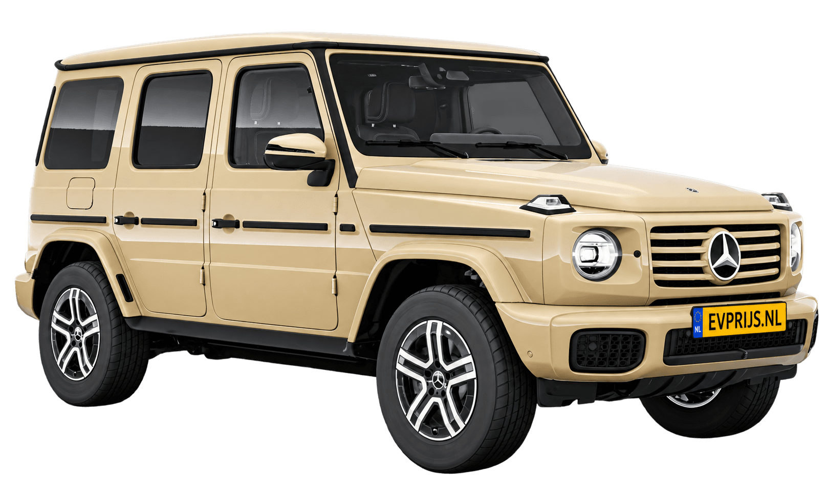AI-bewerking (Imagegen) van officieel Mercedes-Benz-configuratorbeeld: G-Klasse Terreinwagen voor-/zijaanzicht in Woestijnzand (configuratie Mercedes-Benz G 580 electric); uitvoering en velgen kunnen afwijken, beeld 17