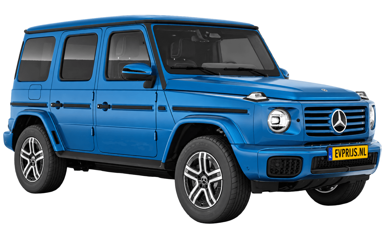 AI-bewerking (Imagegen) van officieel Mercedes-Benz-configuratorbeeld: G-Klasse Terreinwagen voor-/zijaanzicht in Zuidzeeblauw (configuratie Mercedes-Benz G 580 electric); uitvoering en velgen kunnen afwijken; kleurverzadiging kan afwijken, beeld 18
