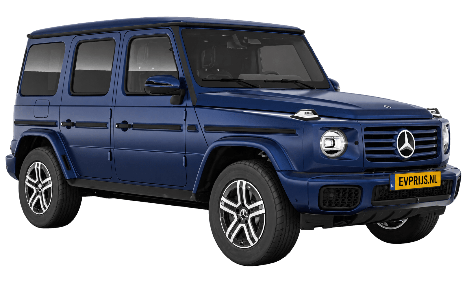 AI-bewerking (Imagegen) van officieel Mercedes-Benz-configuratorbeeld: G-Klasse Terreinwagen voor-/zijaanzicht in Briljantblauw (configuratie Mercedes-Benz G 580 electric); uitvoering en velgen kunnen afwijken; kleurverzadiging kan afwijken, beeld 19