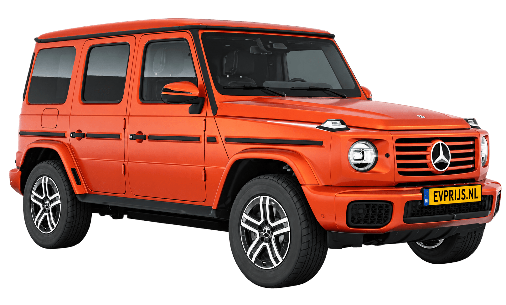 AI-bewerking (Imagegen) van officieel Mercedes-Benz-configuratorbeeld: G-Klasse Terreinwagen voor-/zijaanzicht in Copper oranje (configuratie Mercedes-Benz G 580 electric); uitvoering en velgen kunnen afwijken; kleurverzadiging kan afwijken, beeld 20