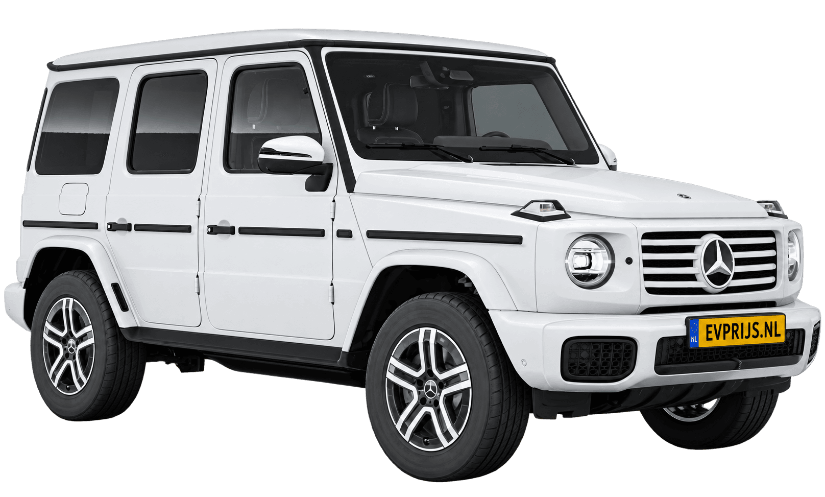 AI-bewerking (Imagegen) van officieel Mercedes-Benz-configuratorbeeld: G-Klasse Terreinwagen voor-/zijaanzicht in Opalietwit (configuratie Mercedes-Benz G 580 electric); uitvoering en velgen kunnen afwijken, beeld 21