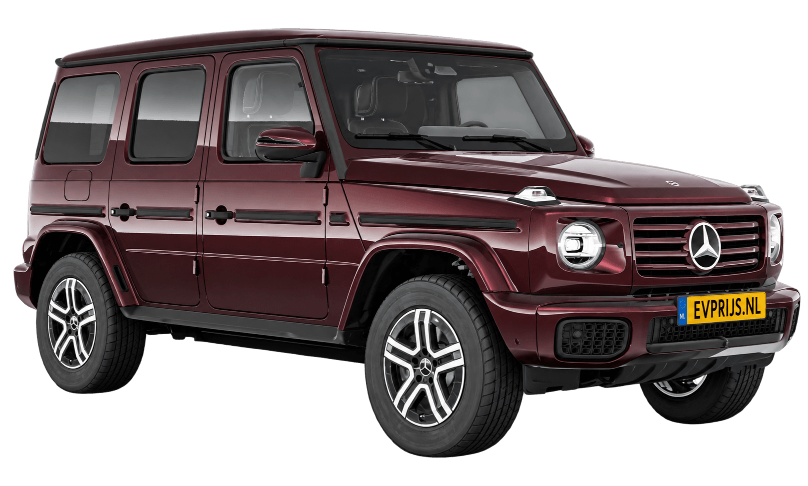 AI-bewerking (Imagegen) van officieel Mercedes-Benz-configuratorbeeld: G-Klasse Terreinwagen voor-/zijaanzicht in Rubellietrood (configuratie Mercedes-Benz G 580 electric); uitvoering en velgen kunnen afwijken, beeld 22