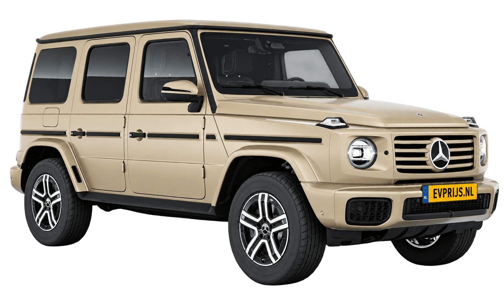 AI-bewerking (Imagegen) van officieel Mercedes-Benz-configuratorbeeld: G-Klasse Terreinwagen voor-/zijaanzicht in Kalaharigoud (configuratie Mercedes-Benz G 580 electric); uitvoering en velgen kunnen afwijken, beeld 23