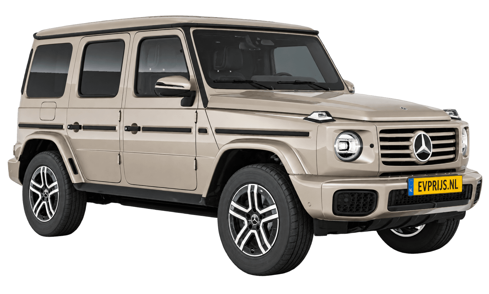 AI-bewerking (Imagegen) van officieel Mercedes-Benz-configuratorbeeld: G-Klasse Terreinwagen voor-/zijaanzicht in Traverteinbeige (configuratie Mercedes-Benz G 580 electric); uitvoering en velgen kunnen afwijken, beeld 24