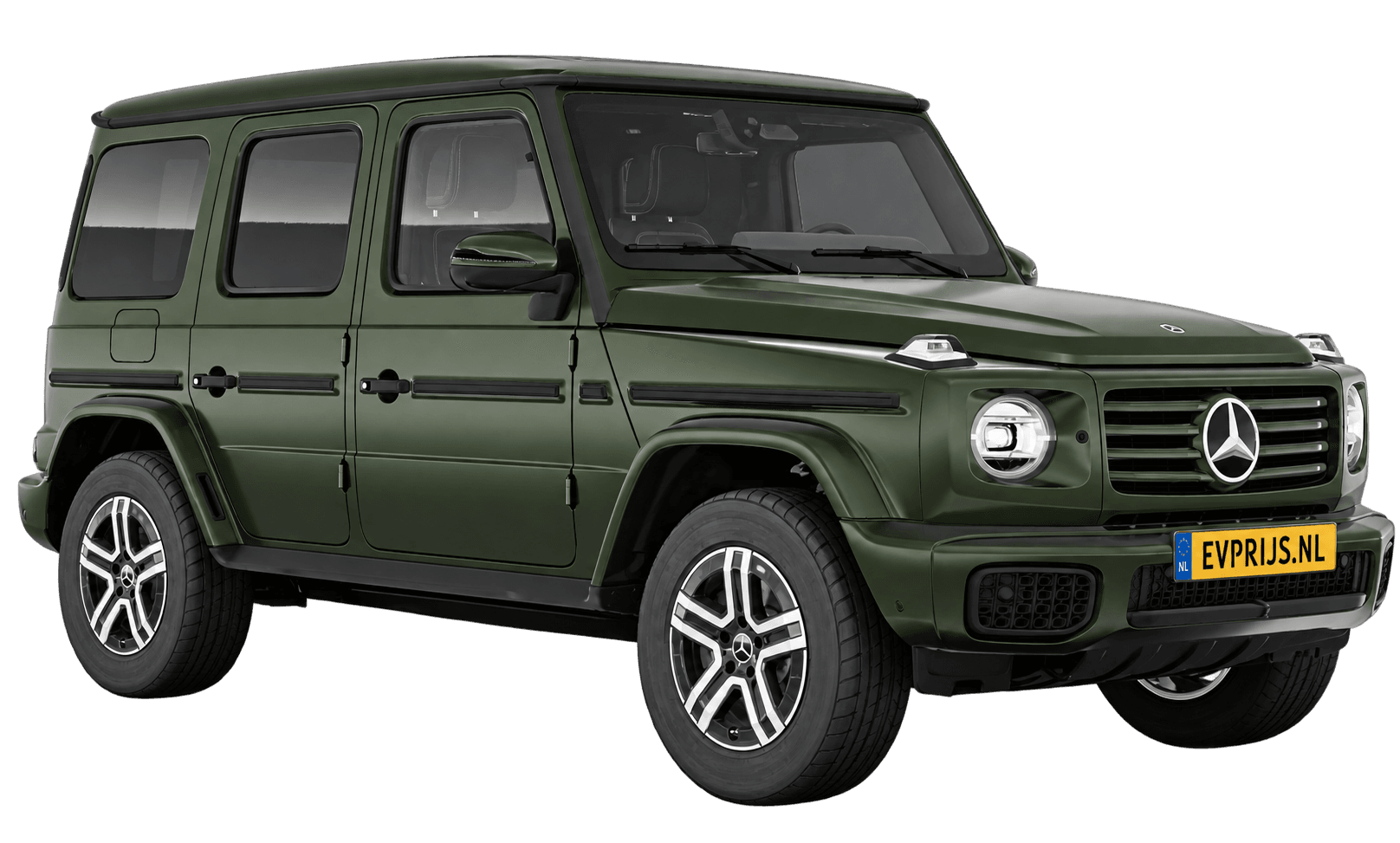 AI-bewerking (Imagegen) van officieel Mercedes-Benz-configuratorbeeld: G-Klasse Terreinwagen voor-/zijaanzicht in Olijf (configuratie Mercedes-Benz G 580 electric); uitvoering en velgen kunnen afwijken, beeld 25