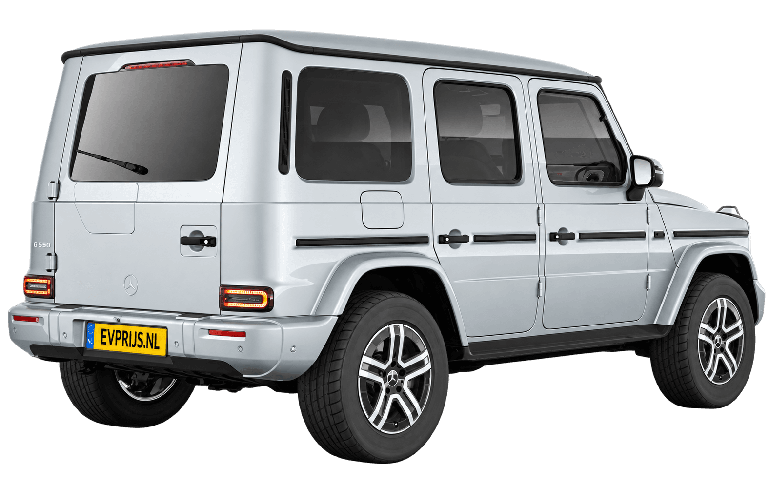 AI-bewerking (Imagegen) van officieel Mercedes-Benz-configuratorbeeld: G-Klasse Terreinwagen achter-/zijaanzicht in Iridiumzilver (configuratie Mercedes-Benz G 580 electric); uitvoering en velgen kunnen afwijken, beeld 2