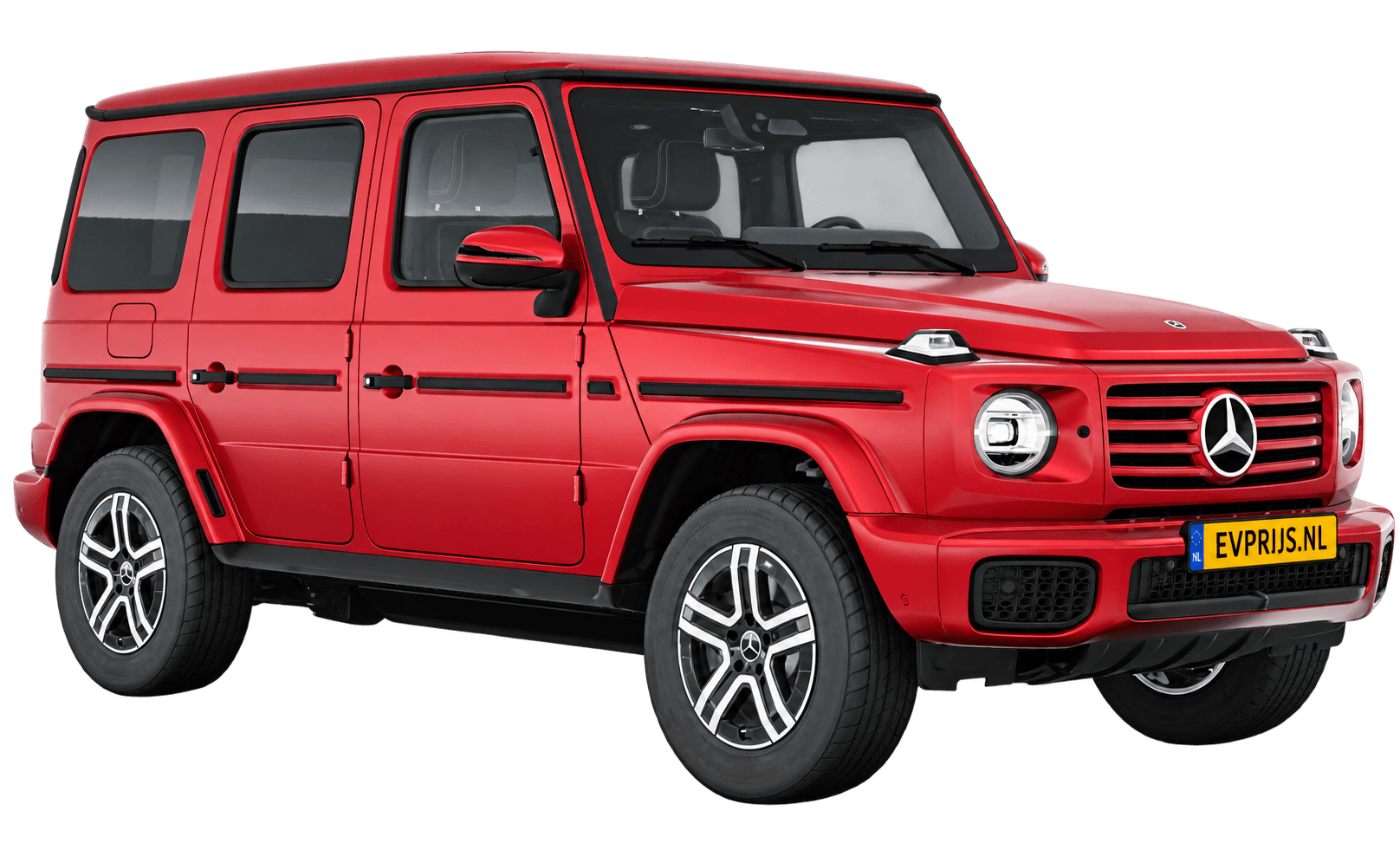AI-bewerking (Imagegen) van officieel Mercedes-Benz-configuratorbeeld: G-Klasse Terreinwagen voor-/zijaanzicht in Hyacintrood (configuratie Mercedes-Benz G 580 electric); uitvoering en velgen kunnen afwijken; kleurverzadiging kan afwijken, beeld 27